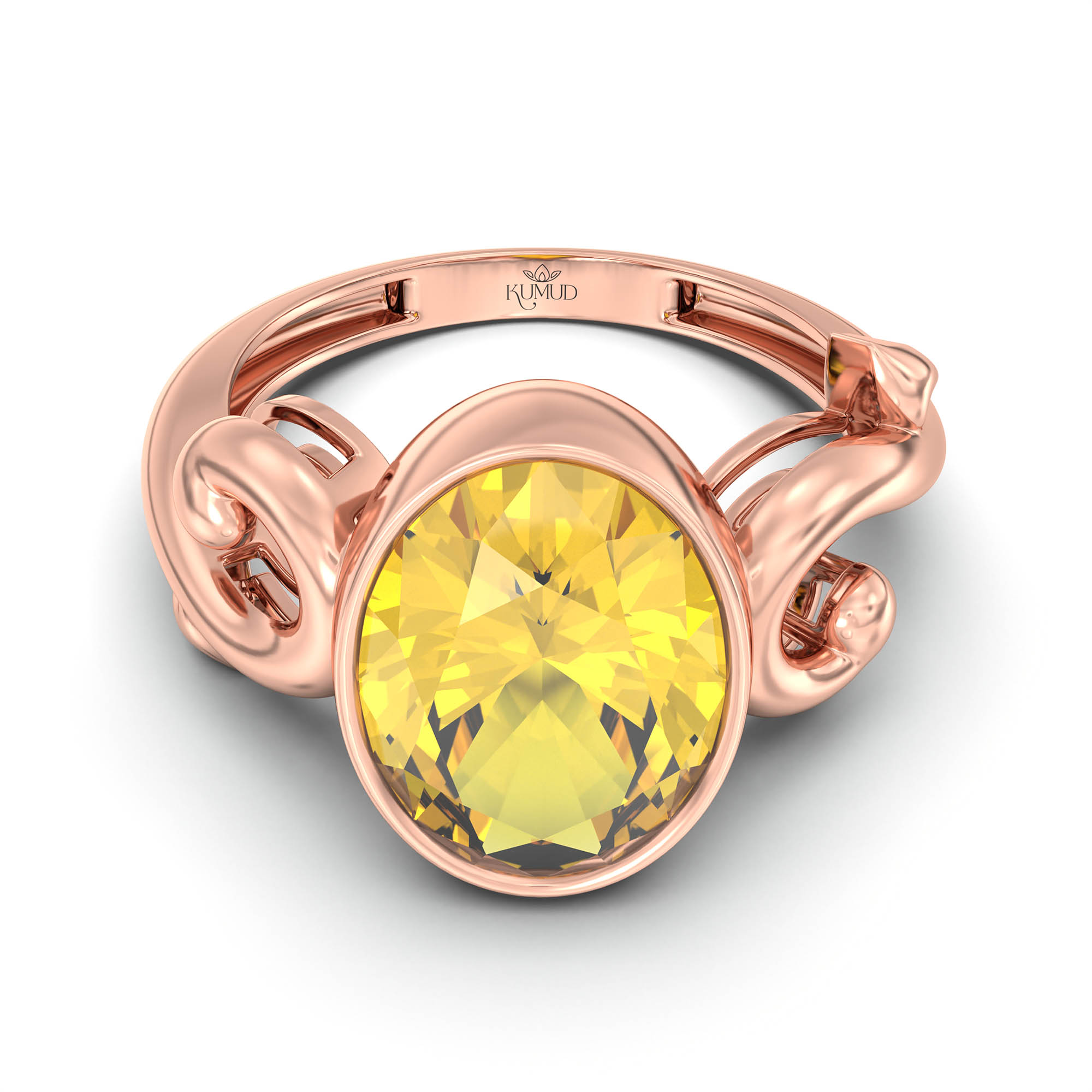 Yellow Sapphire (Pukhraj) Ring for Women in 18K Rose Gold – Oval 11x8 mm, Bezel Setting, 4 g (Design K14-7) thumbnail