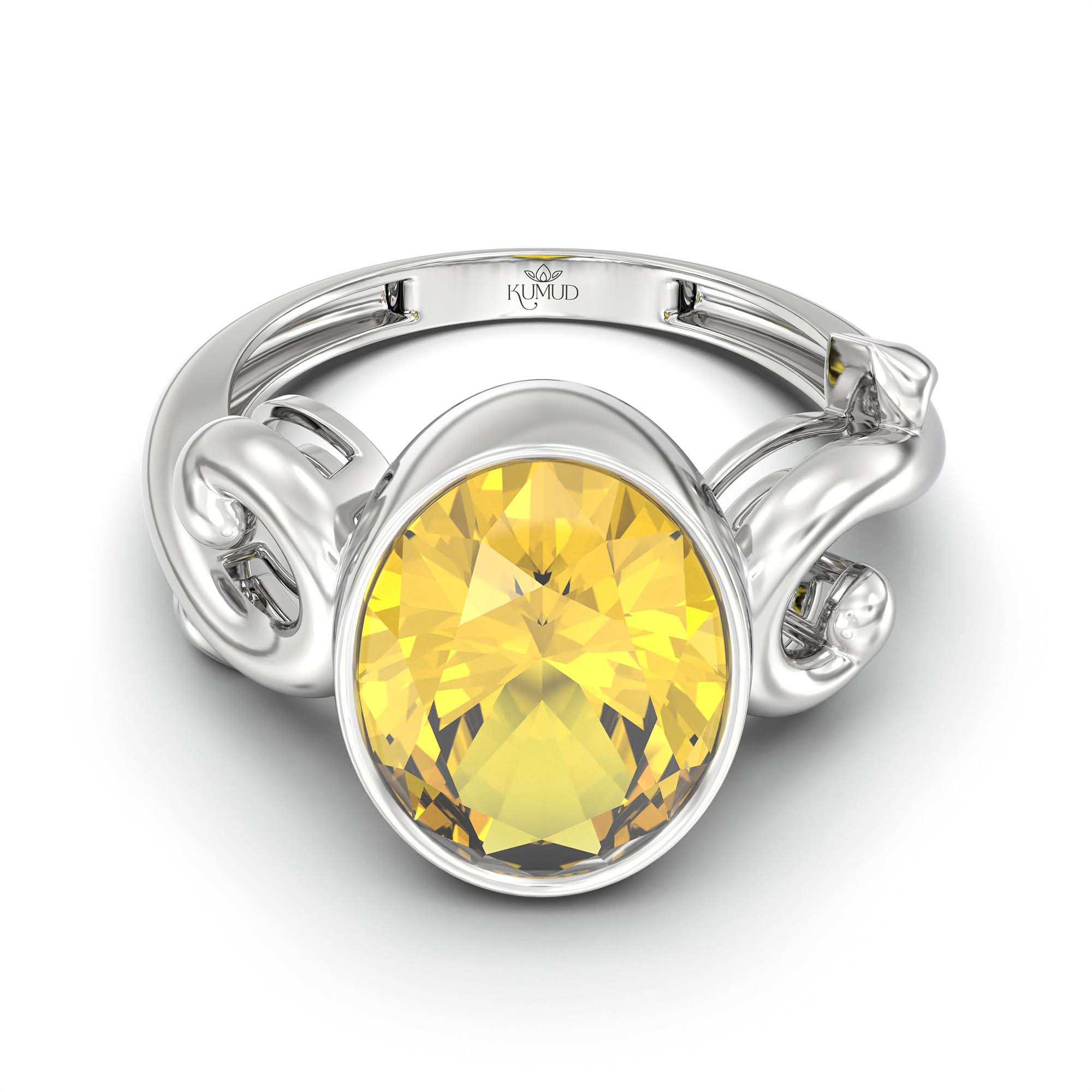 Yellow Sapphire (Pukhraj) Ring for Women in 18K White Gold – Oval 11x8 mm, Bezel Setting, 4 g (Design K14-7) thumbnail