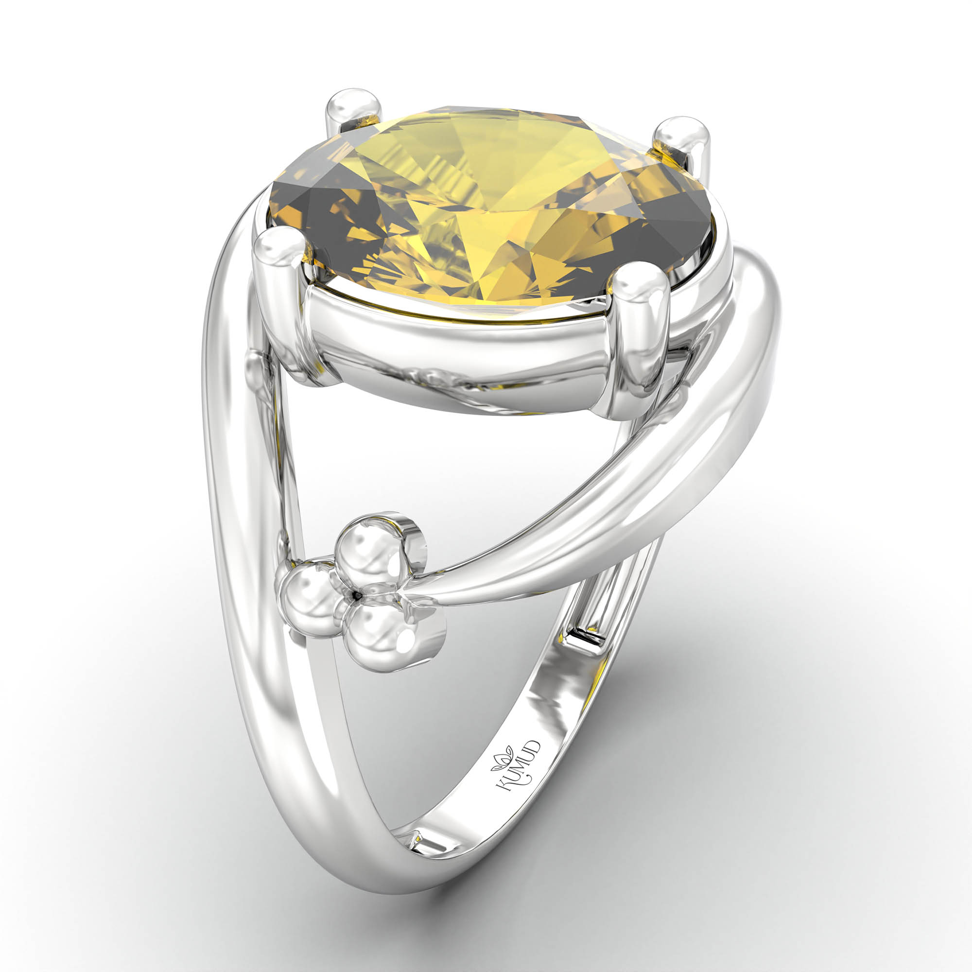 Yellow Sapphire (Pukhraj) Ring for Women in 18K White Gold – Oval 11x8 mm, Prong Setting, 4 g (Design K14-8) thumbnail