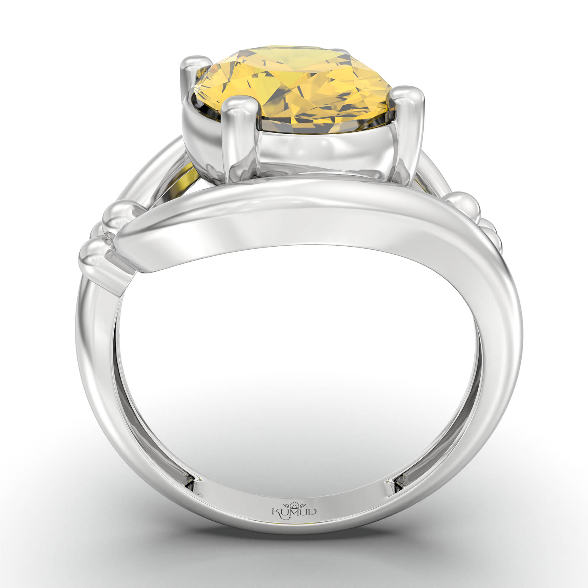 Yellow Sapphire (Pukhraj) Ring for Women in 18K White Gold – Oval 11x8 mm, Prong Setting, 4 g (Design K14-8) thumbnail