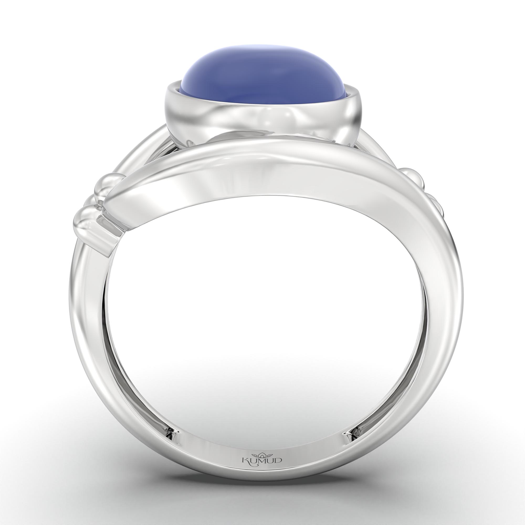 Blue Sapphire (Neelam) Ring for Women in 18K White Gold – Oval Cabochon 11x8 mm, Bezel Setting, 4 g (Design K14-8) thumbnail