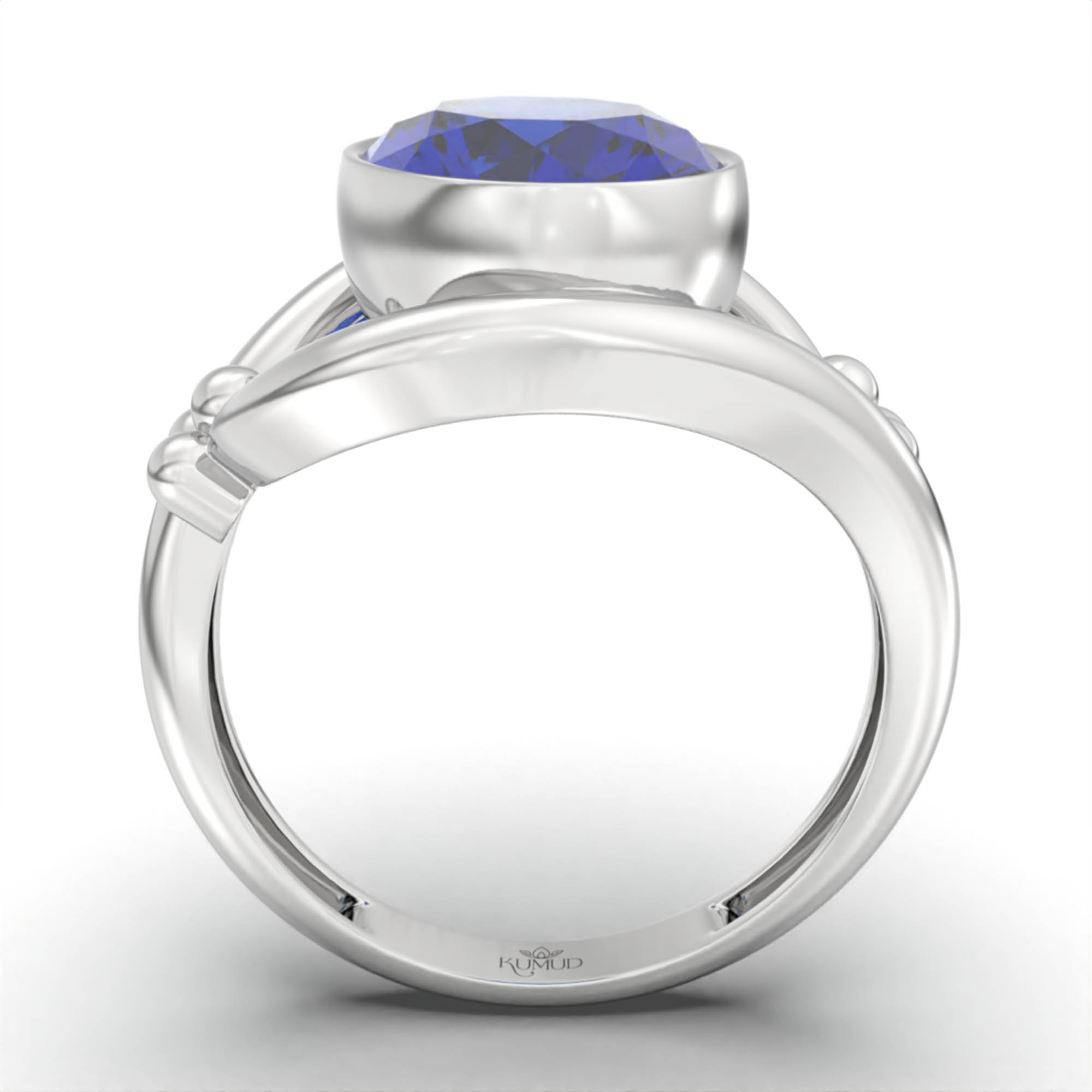 Blue Sapphire (Neelam) Ring for Women in 18K White Gold – Oval 11x8 mm, Bezel Setting, 4 g (Design K14-8) thumbnail