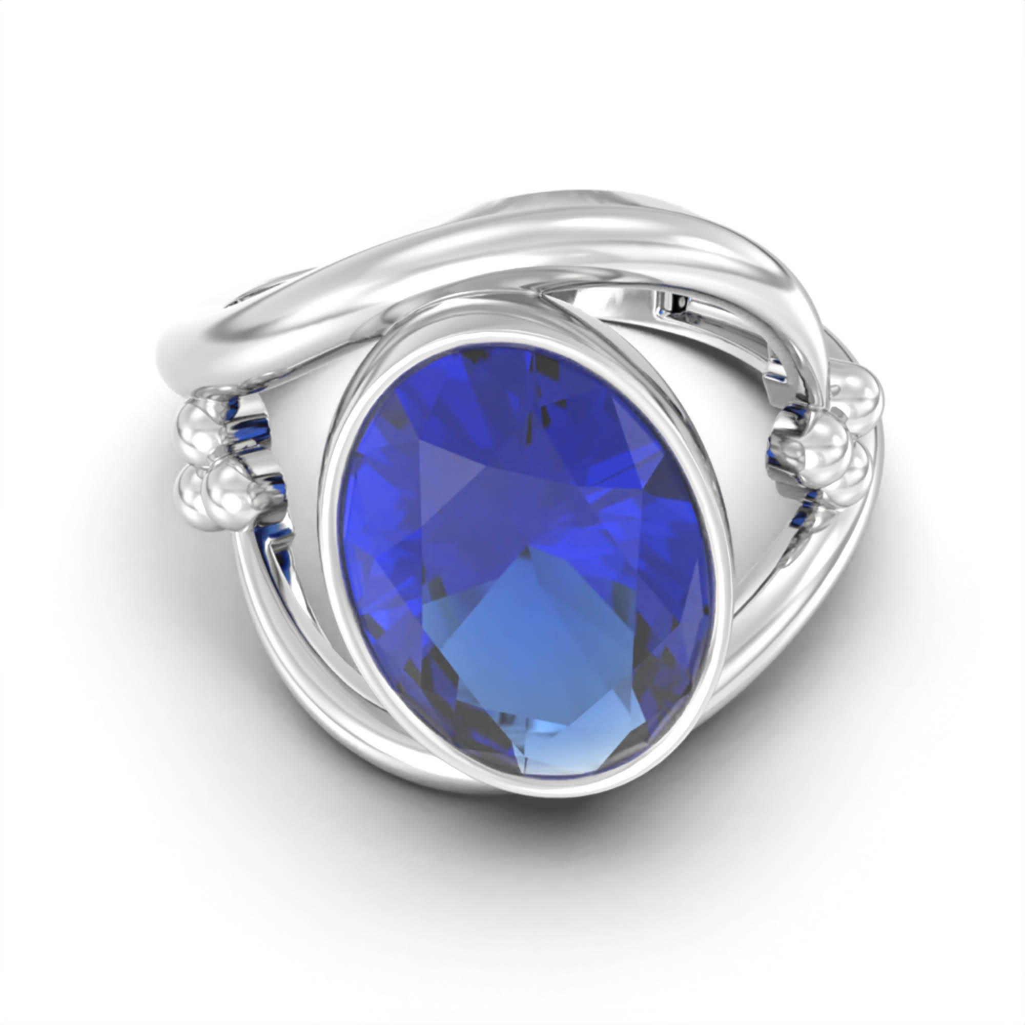 Blue Sapphire (Neelam) Ring for Women in 18K White Gold – Oval 11x8 mm, Bezel Setting, 4 g (Design K14-8) thumbnail