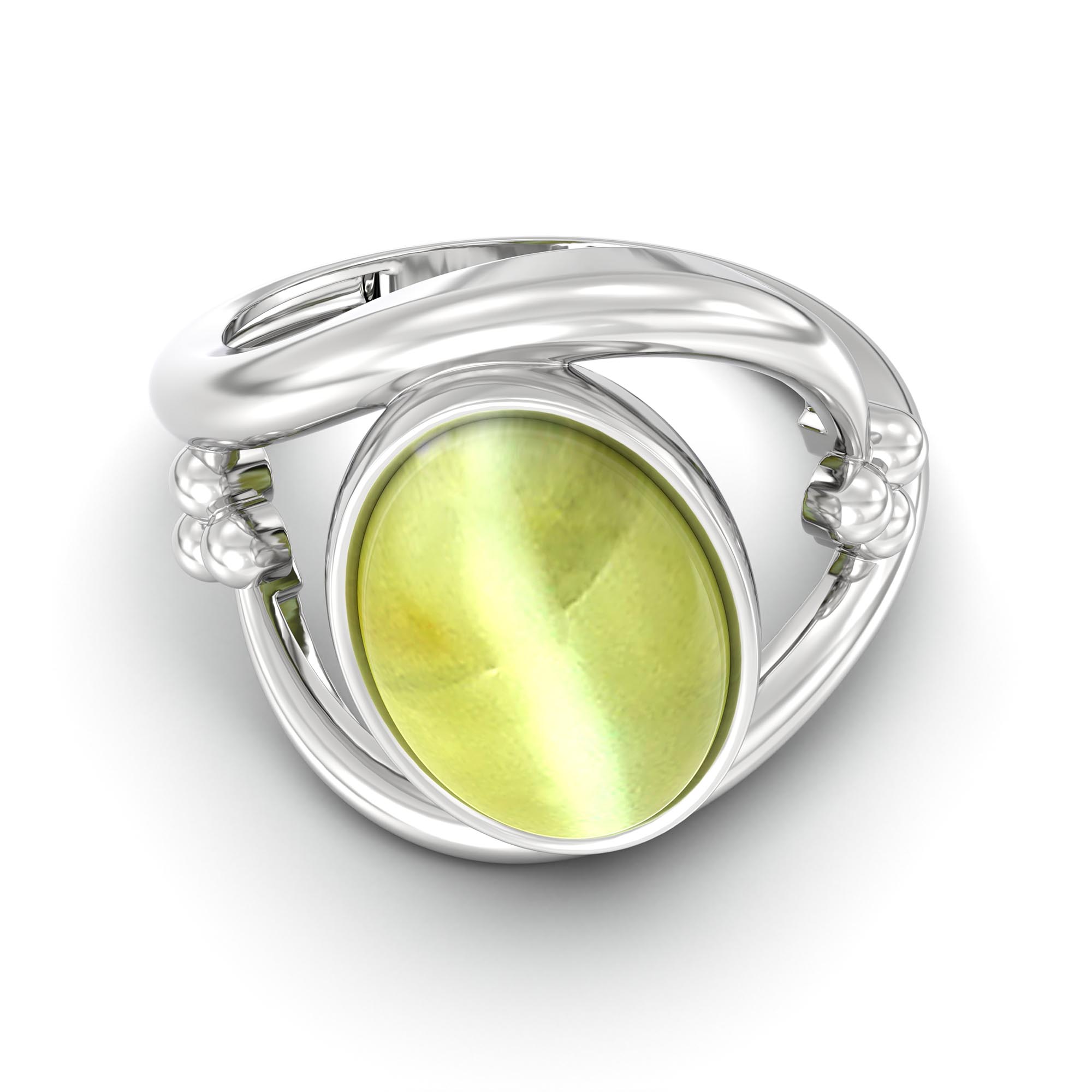 Cat's Eye (Lehsunia) Ring for Women in 925 Sterling Silver – Oval Cabochon 11x8 mm, Bezel Setting, 4 g (Design K14-8) thumbnail