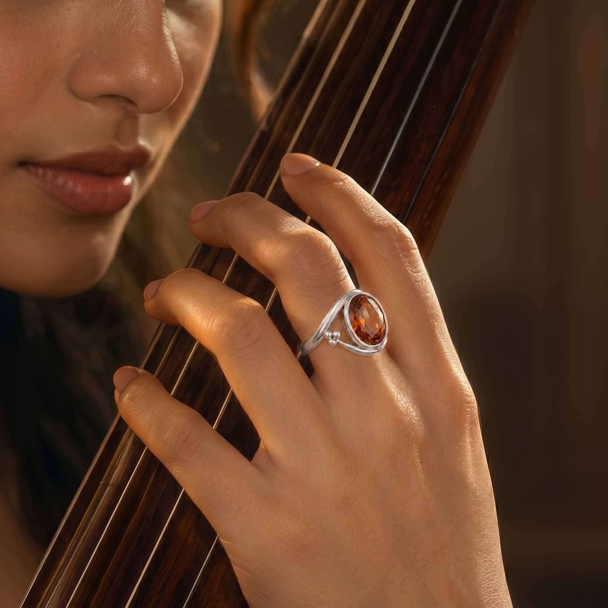 Hessonite (Gomed) Ring for Women in 925 Sterling Silver – Oval 11x8 mm, Bezel Setting, 4 g (Design K14-8) thumbnail