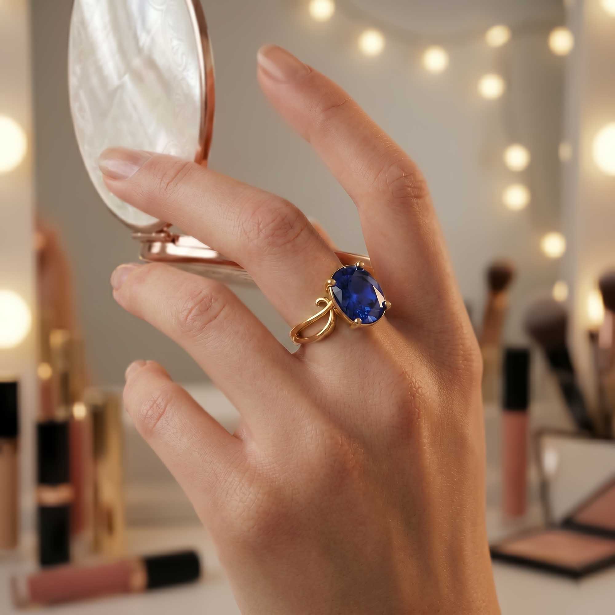 Blue Sapphire (Neelam) Ring for Women in 22K Yellow Gold – Oval 11x8 mm, Prong Setting, 4 g (Design K14-9) thumbnail