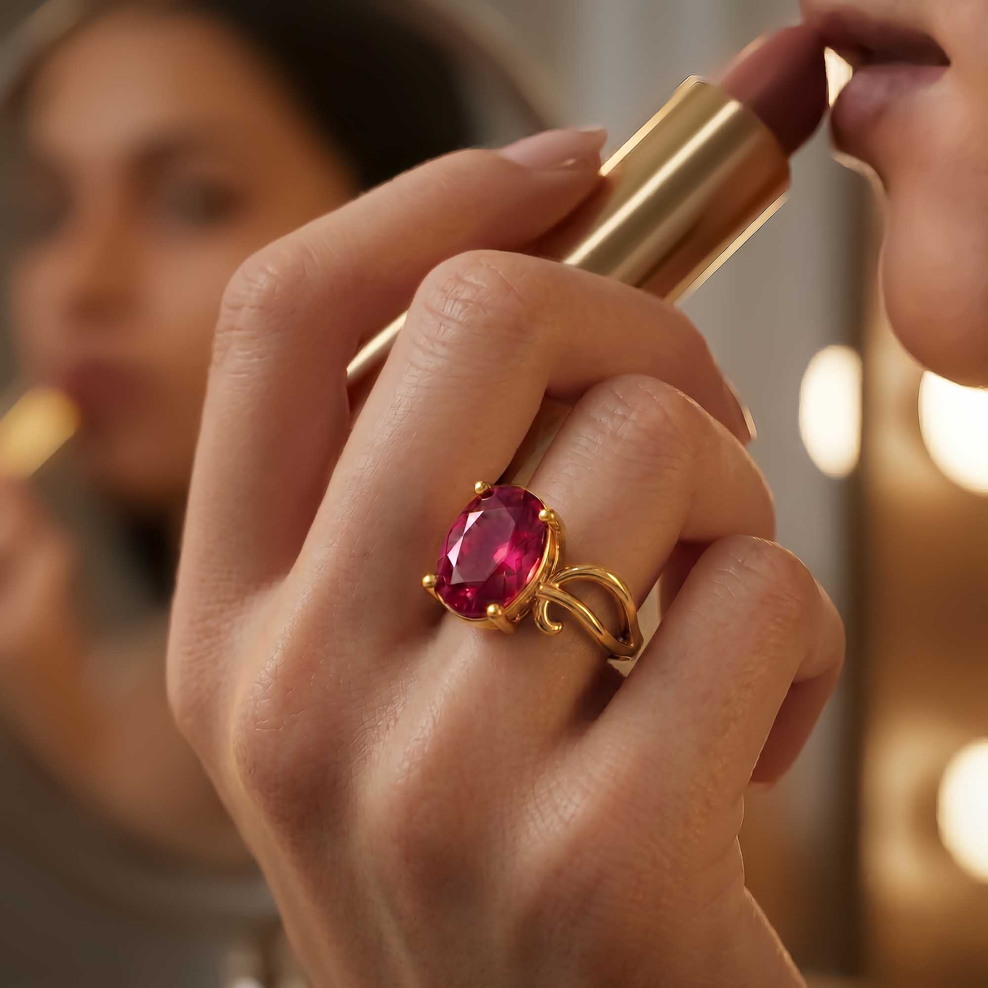 Ruby (Manik) Ring for Women in 22K Yellow Gold – Oval 11x8 mm, Prong Setting, 4 g (Design K14-9) thumbnail