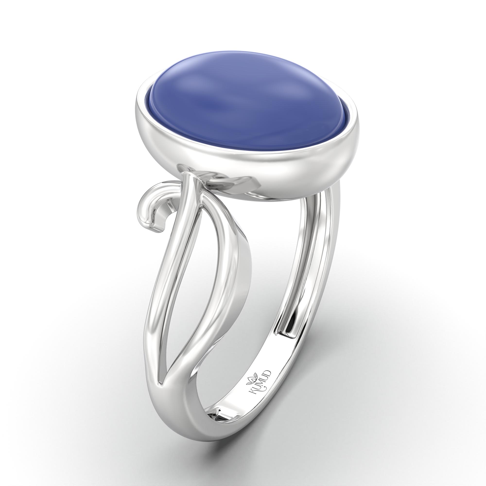 Blue Sapphire (Neelam) Ring for Women in 18K White Gold – Oval Cabochon 11x8 mm, Bezel Setting, 4 g (Design K14-9) thumbnail