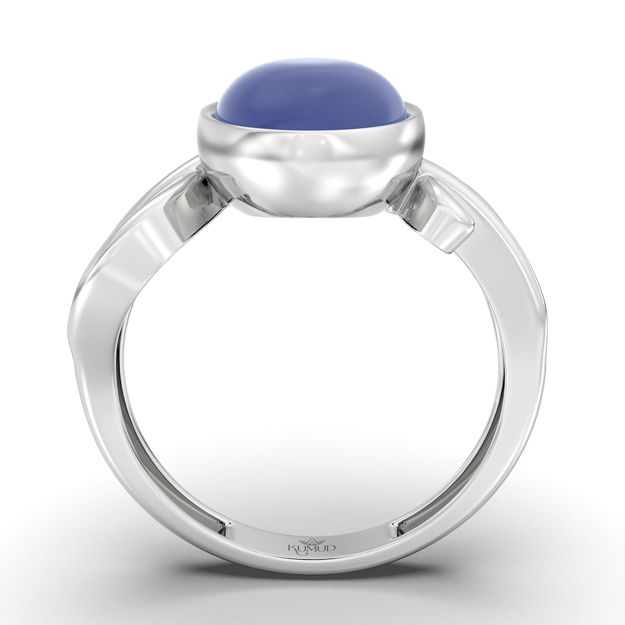 Blue Sapphire (Neelam) Ring for Women in 18K White Gold – Oval Cabochon 11x8 mm, Bezel Setting, 4 g (Design K14-9) thumbnail