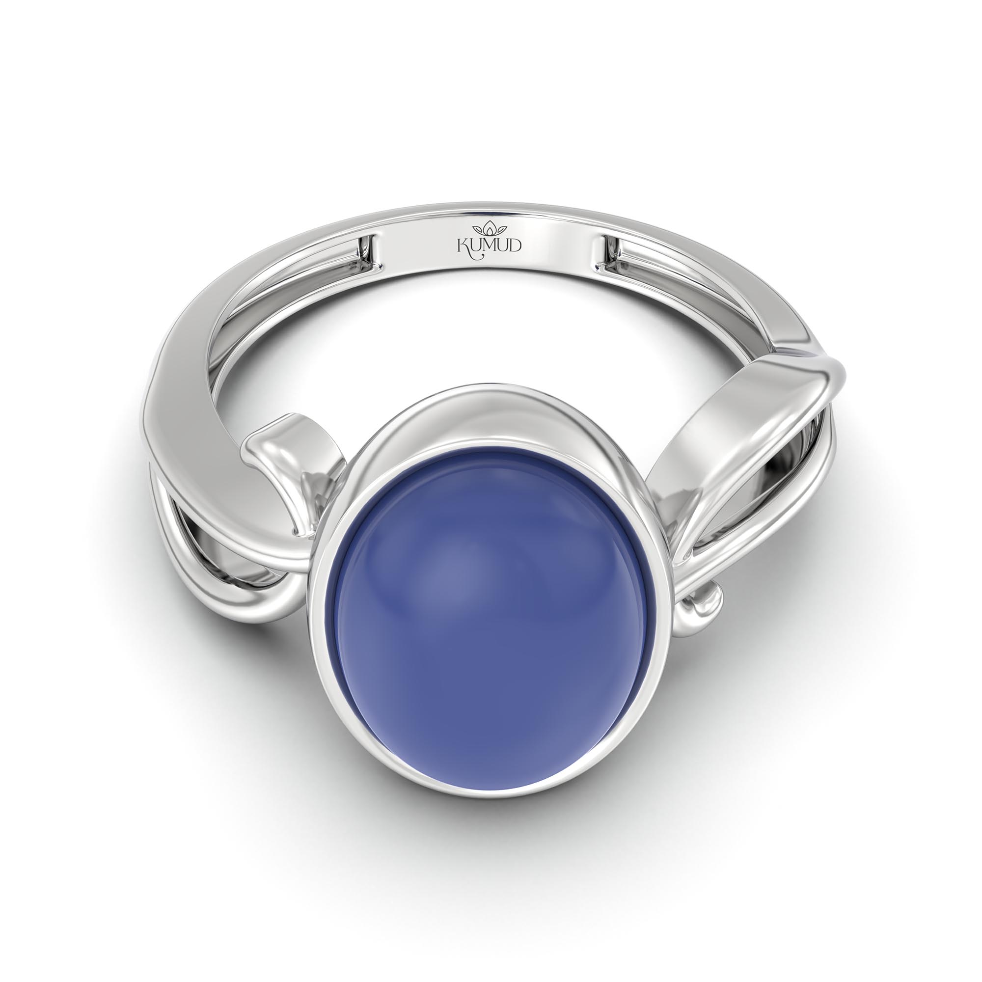 Blue Sapphire (Neelam) Ring for Women in 18K White Gold – Oval Cabochon 11x8 mm, Bezel Setting, 4 g (Design K14-9) thumbnail