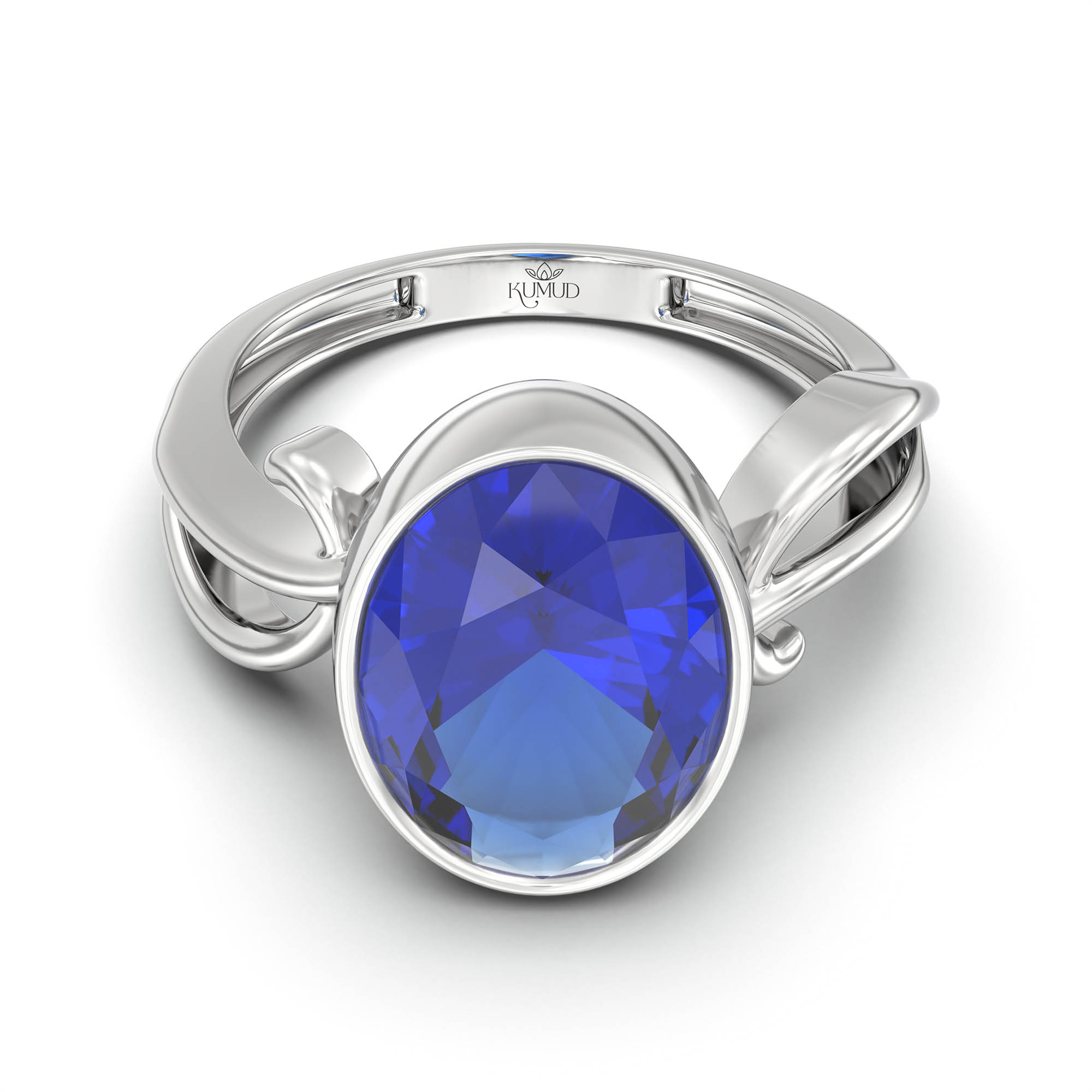 Blue Sapphire (Neelam) Ring for Women in 18K White Gold – Oval 11x8 mm, Bezel Setting, 4 g (Design K14-9) thumbnail