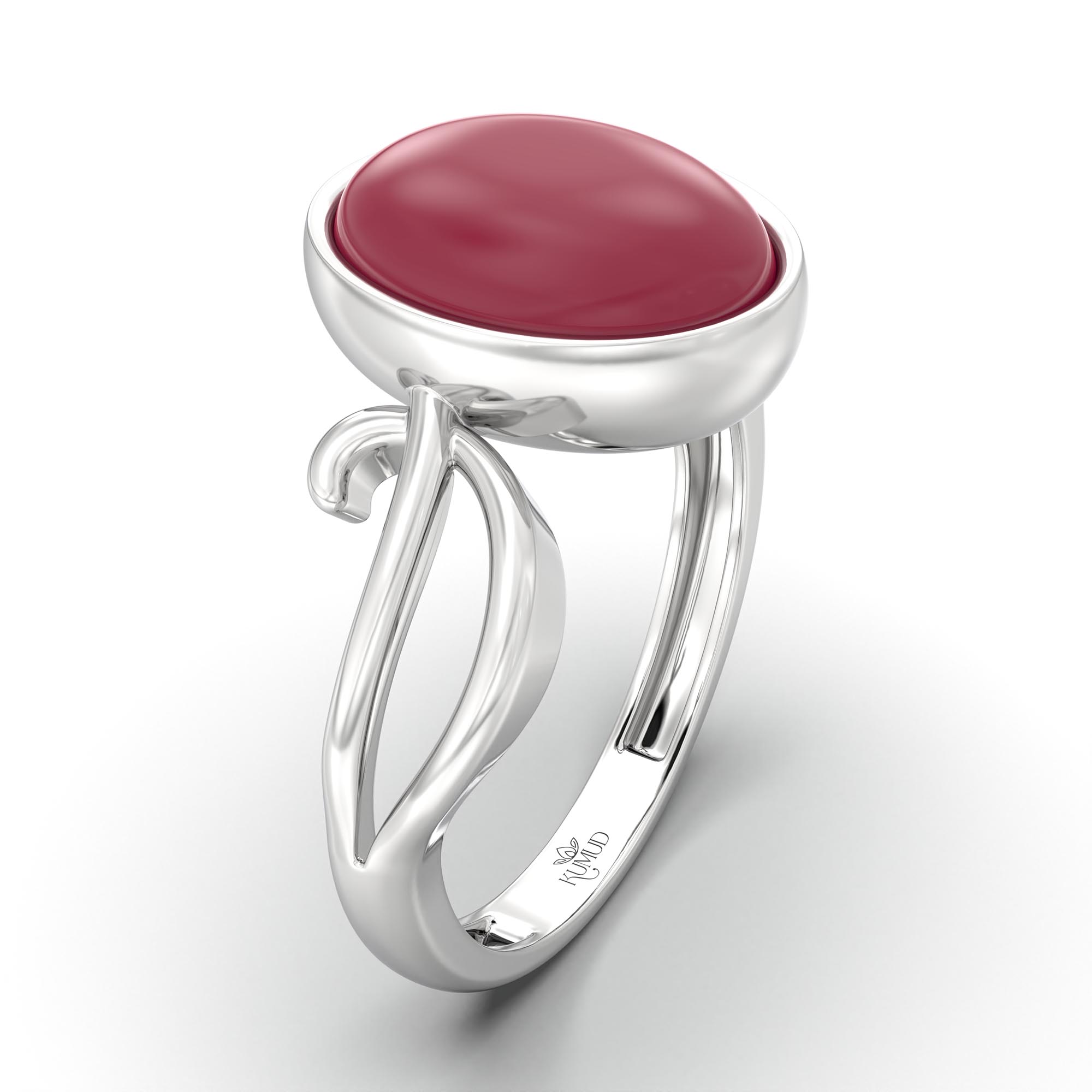 Ruby (Manik) Ring for Women in 18K White Gold – Oval Cabochon 11x8 mm, Bezel Setting, 4 g (Design K14-9) thumbnail