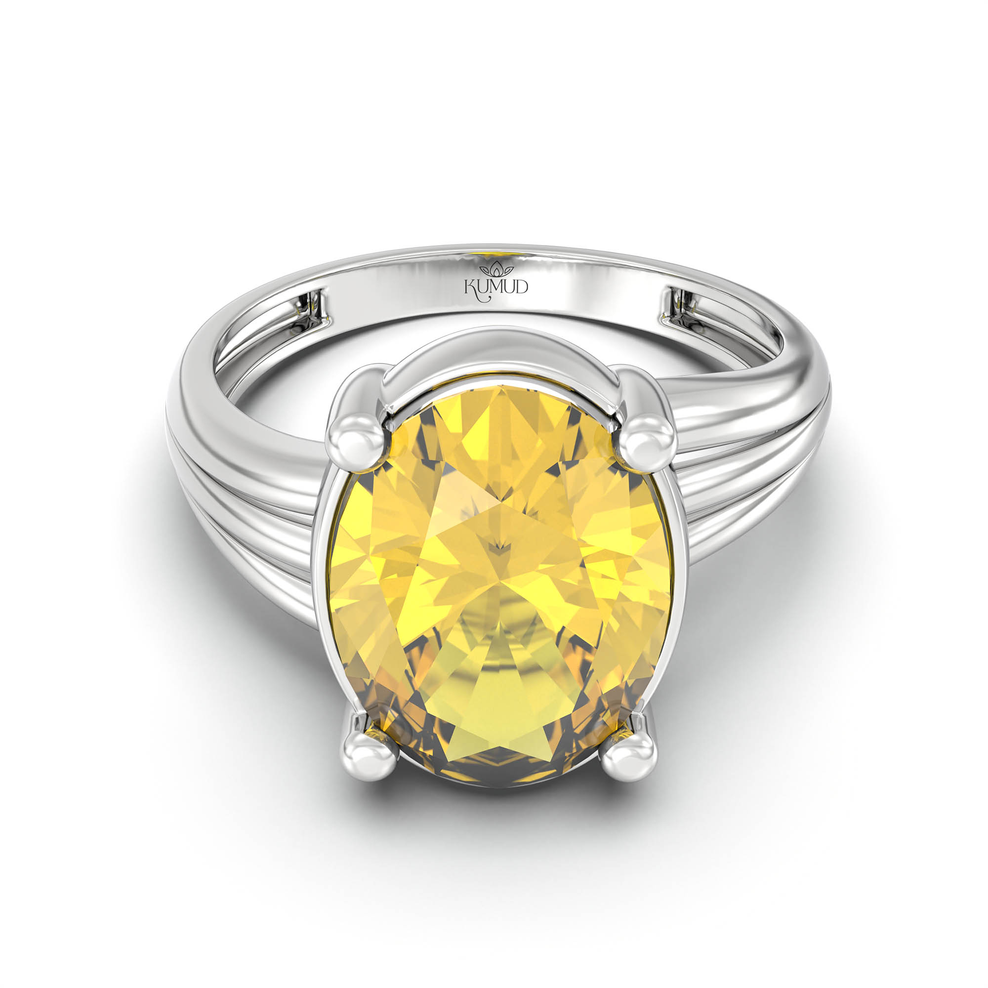 Yellow Sapphire (Pukhraj) Ring for Women in 925 Sterling Silver – Oval 11x8 mm, Prong Setting, 4 g (Design K14-10) thumbnail