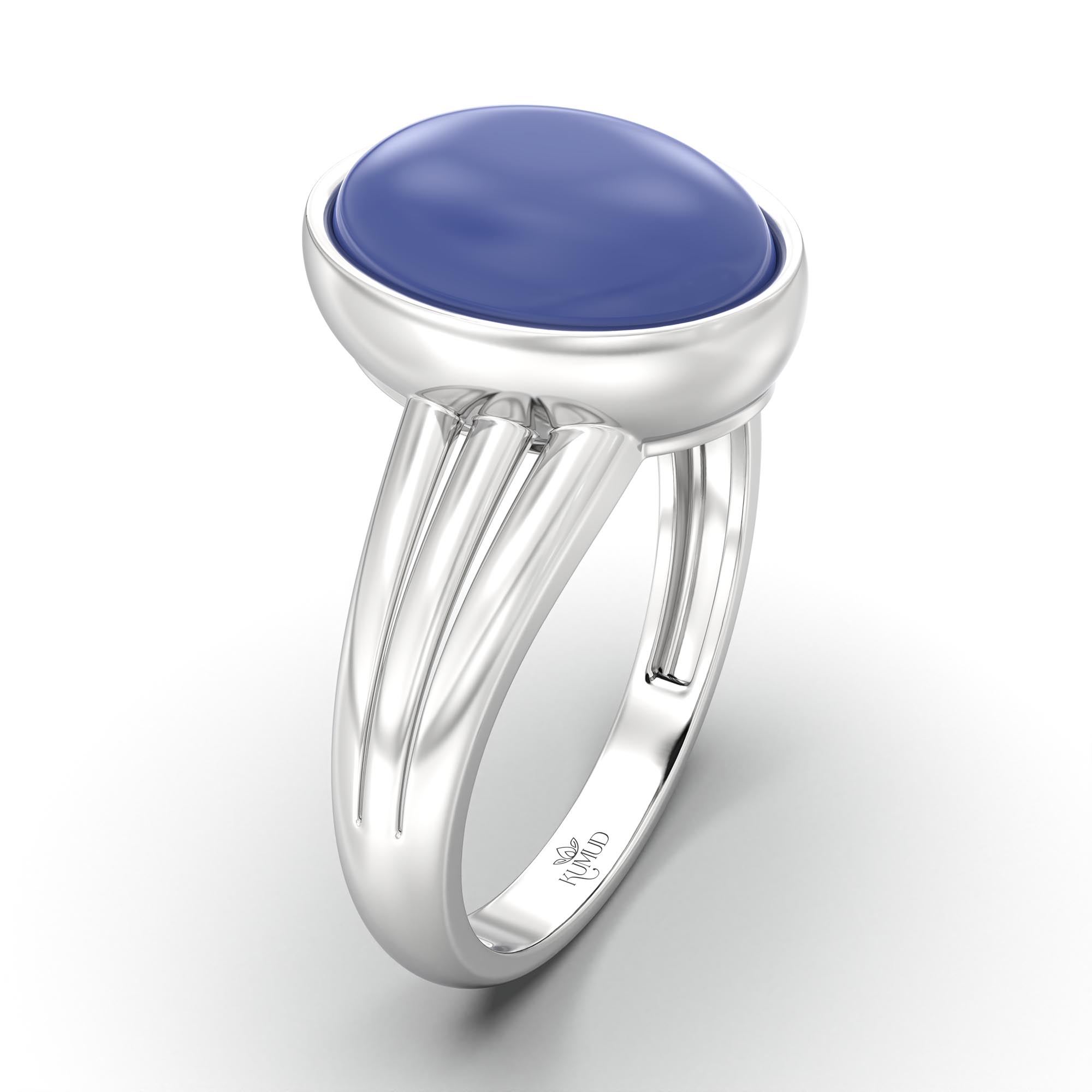 Blue Sapphire (Neelam) Ring for Women in 18K White Gold – Oval Cabochon 11x8 mm, Bezel Setting, 4 g (Design K14-10) thumbnail