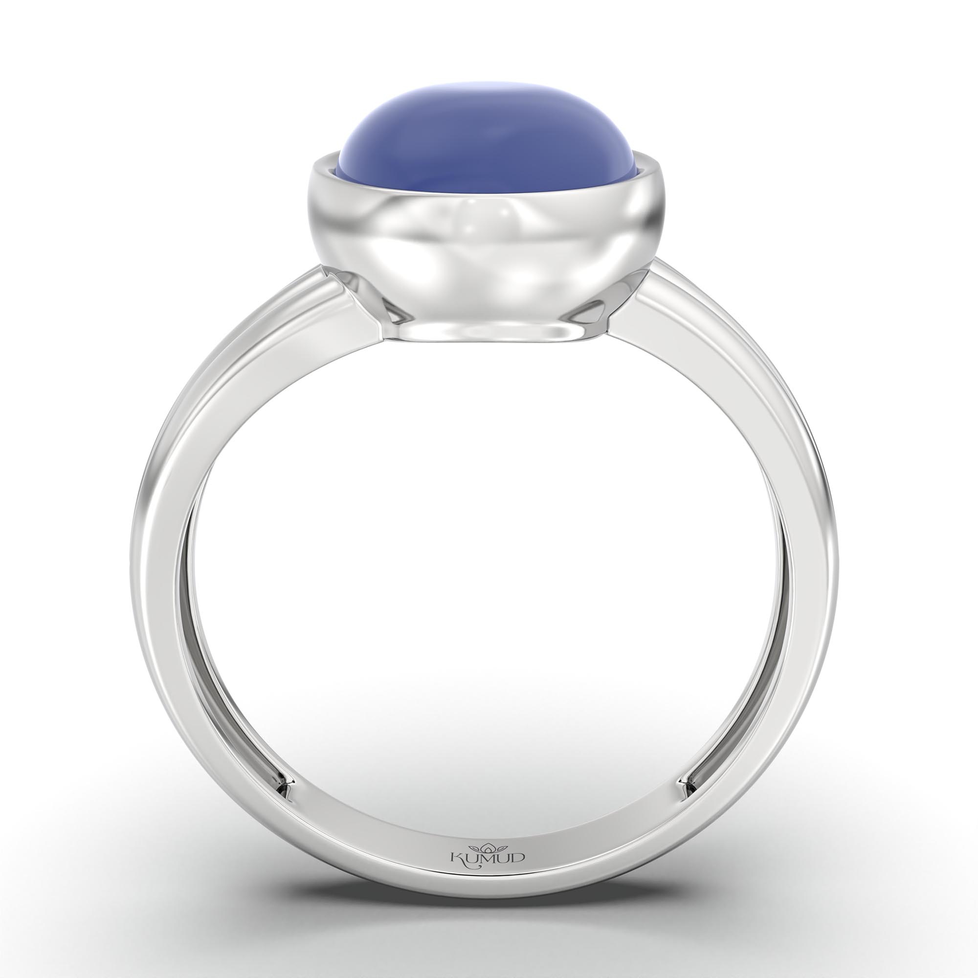 Blue Sapphire (Neelam) Ring for Women in 18K White Gold – Oval Cabochon 11x8 mm, Bezel Setting, 4 g (Design K14-10) thumbnail