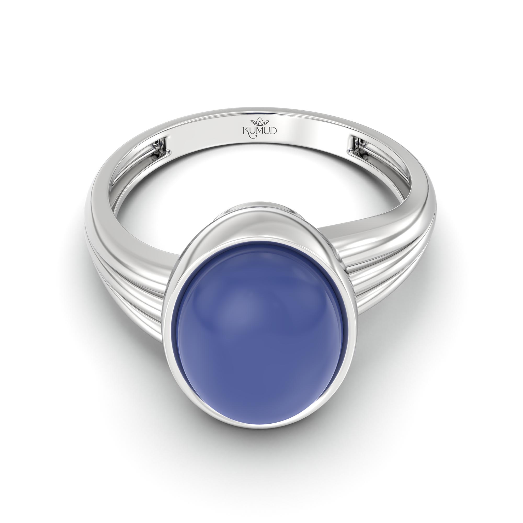 Blue Sapphire (Neelam) Ring for Women in 18K White Gold – Oval Cabochon 11x8 mm, Bezel Setting, 4 g (Design K14-10) thumbnail