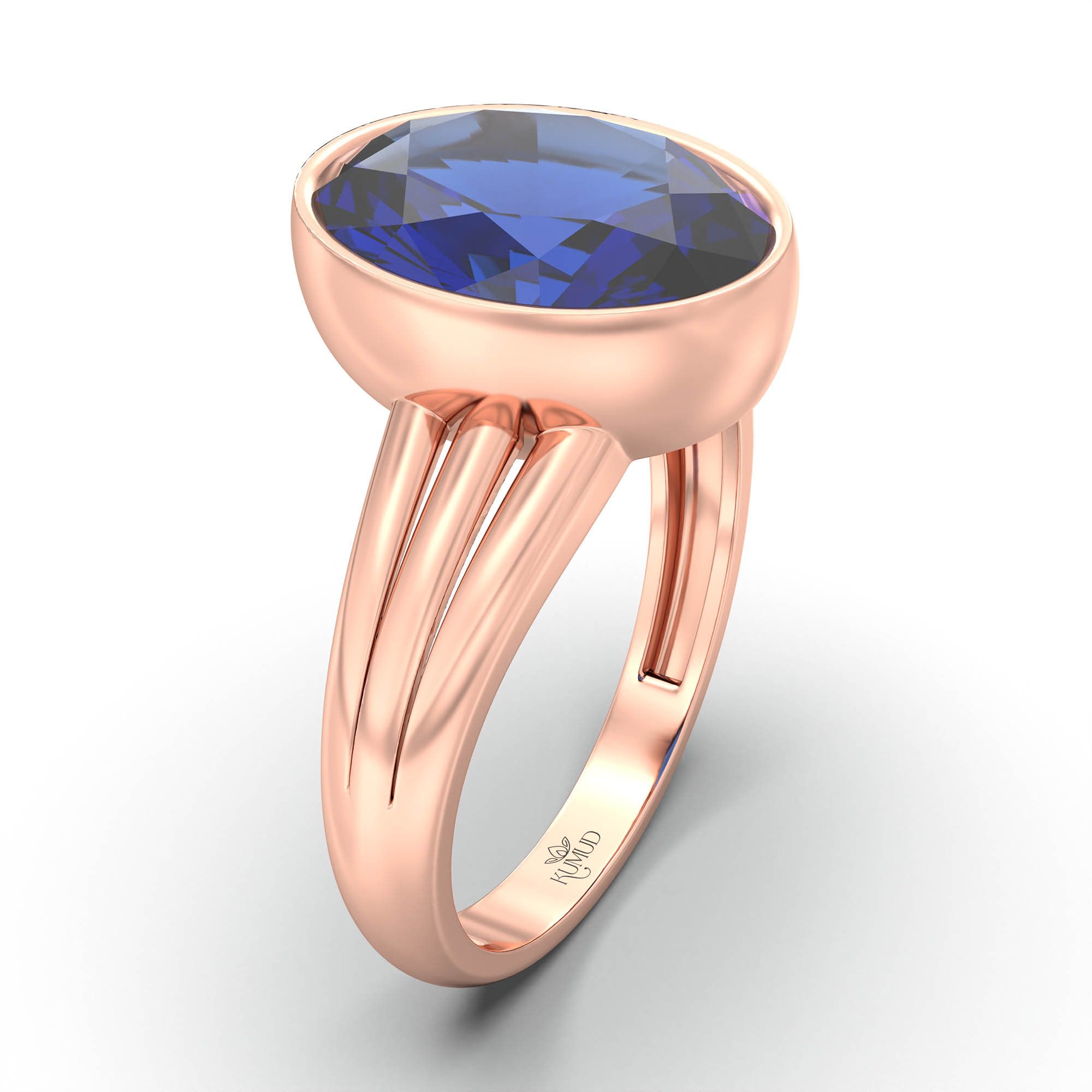 Blue Sapphire (Neelam) Ring for Women in 18K Rose Gold – Oval 11x8 mm, Bezel Setting, 4 g (Design K14-10) thumbnail