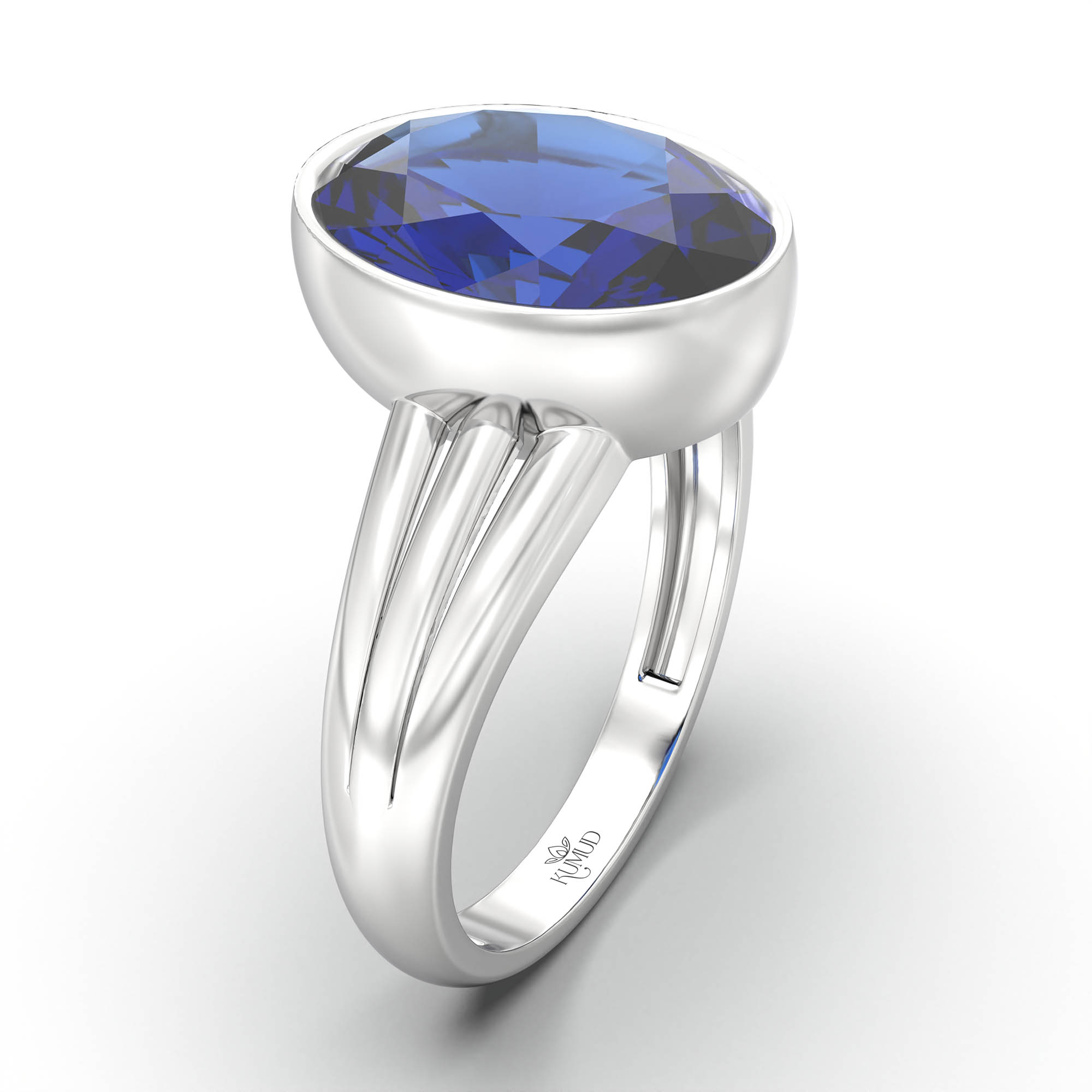Blue Sapphire (Neelam) Ring for Women in 18K White Gold – Oval 11x8 mm, Bezel Setting, 4 g (Design K14-10) thumbnail