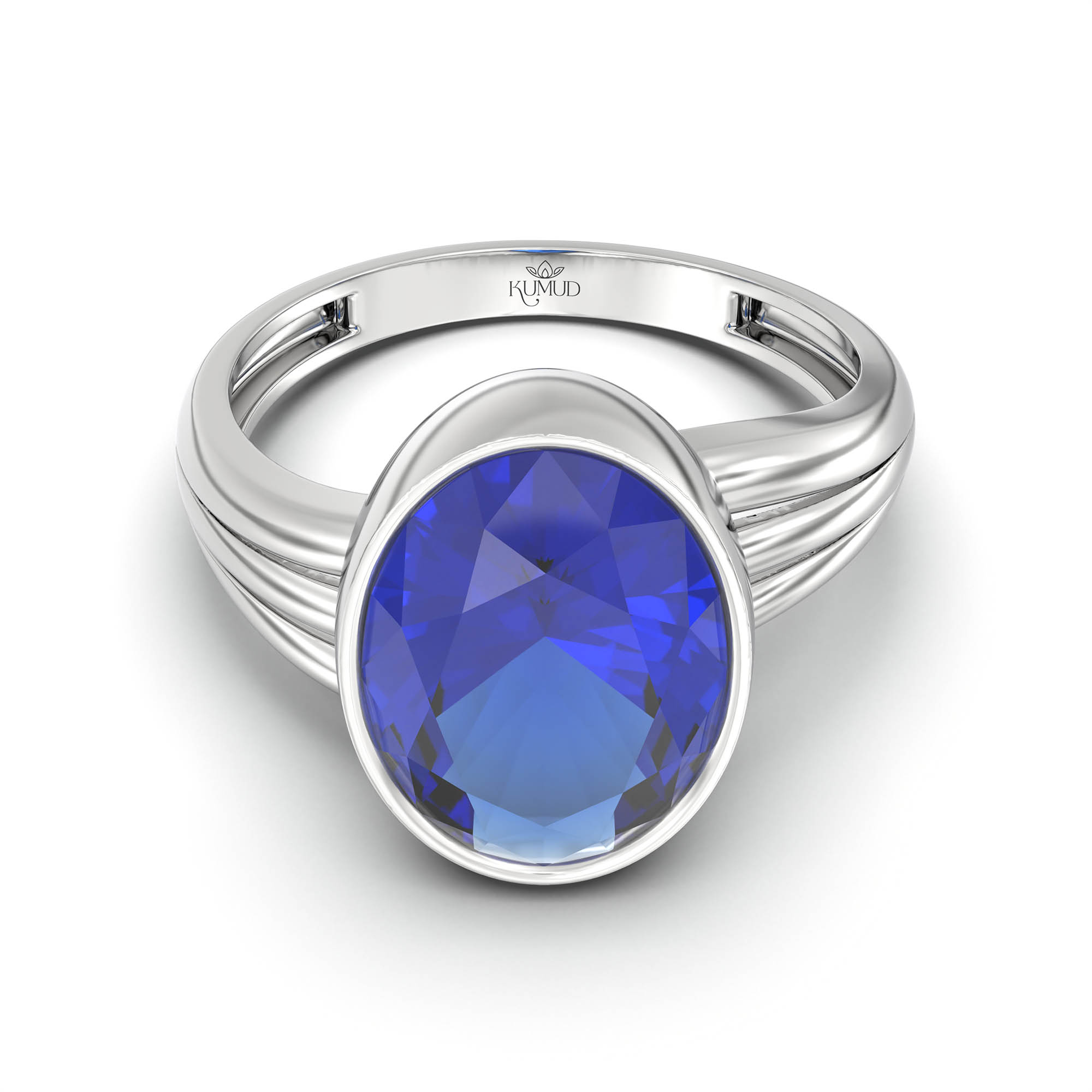 Blue Sapphire (Neelam) Ring for Women in 18K White Gold – Oval 11x8 mm, Bezel Setting, 4 g (Design K14-10) thumbnail