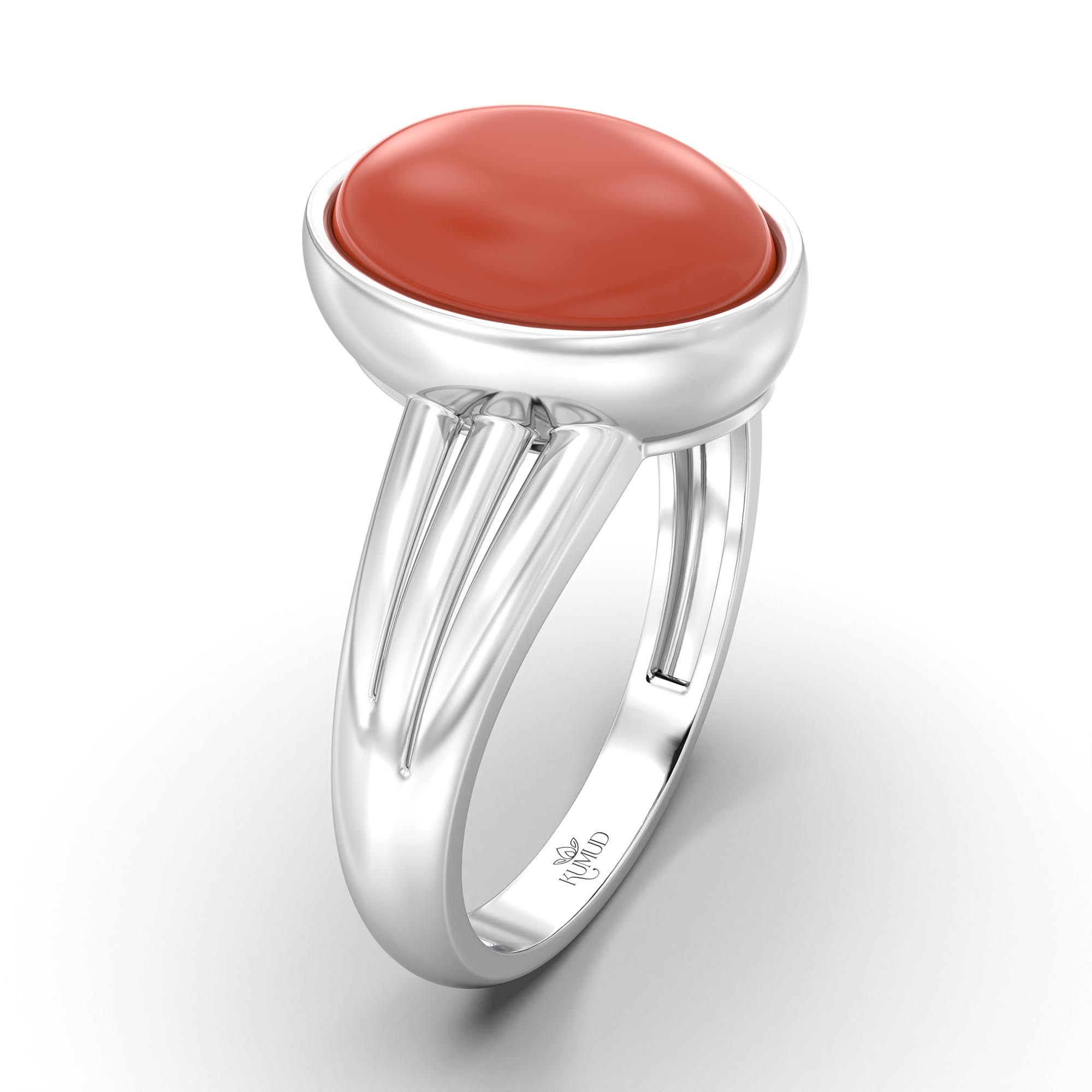 Red Coral (Moonga) Ring for Women in 18K White Gold – Oval Cabochon 11x8 mm, Bezel Setting, 4 g (Design K14-10) thumbnail