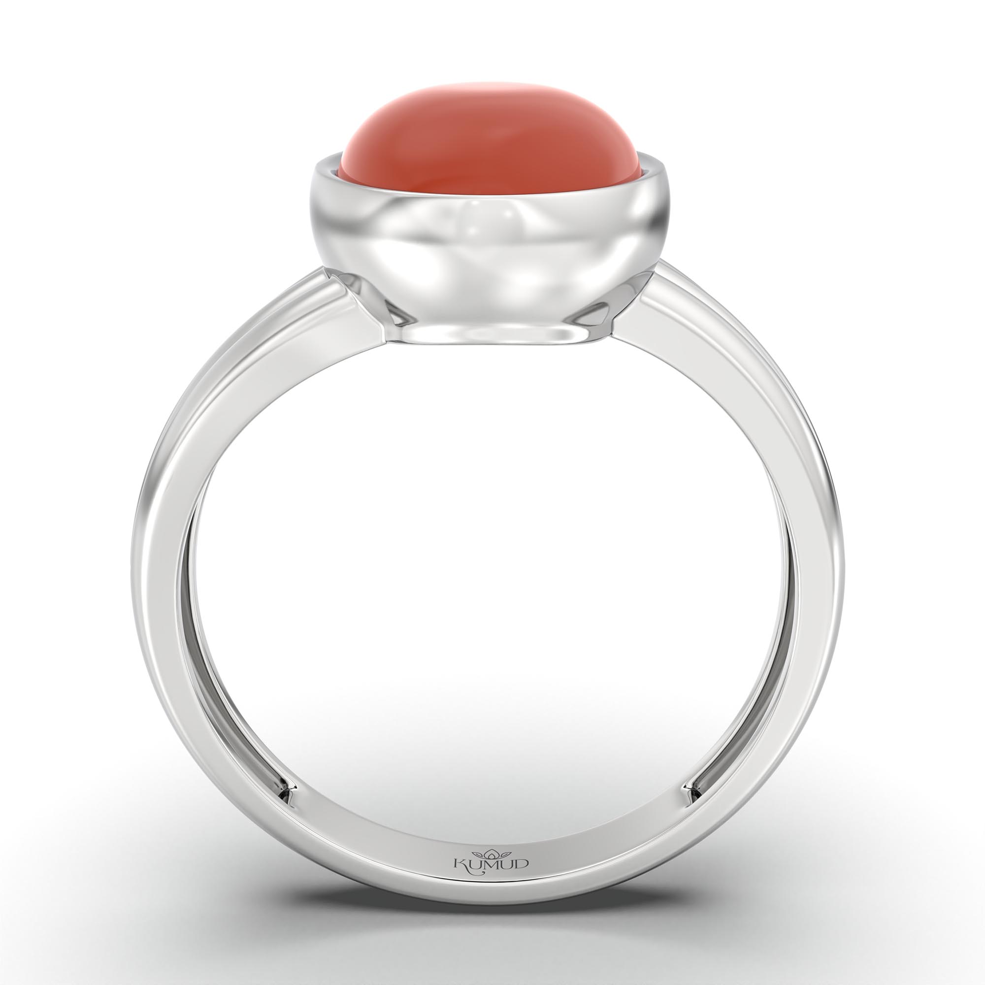 Red Coral (Moonga) Ring for Women in 18K White Gold – Oval Cabochon 11x8 mm, Bezel Setting, 4 g (Design K14-10) thumbnail