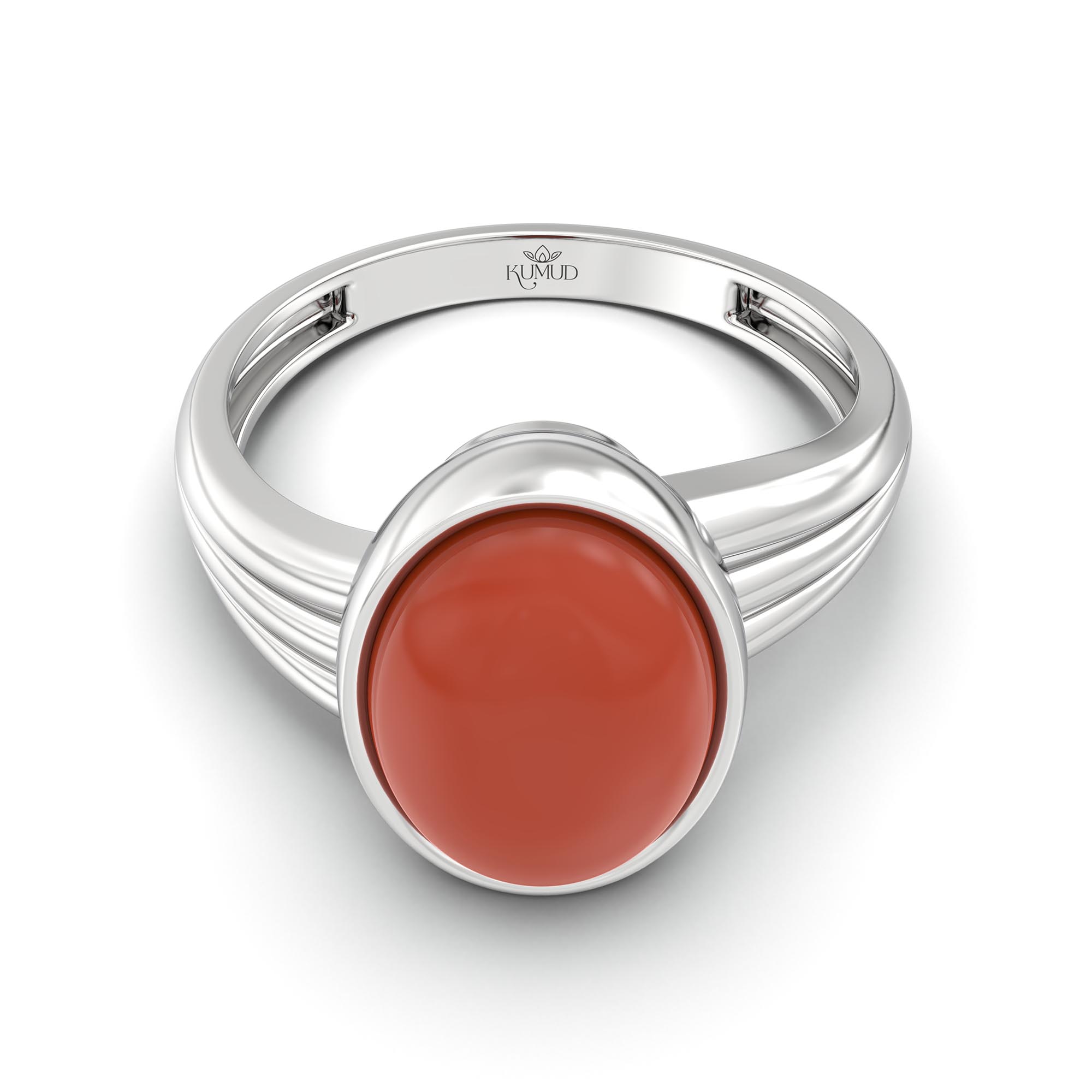 Red Coral (Moonga) Ring for Women in 18K White Gold – Oval Cabochon 11x8 mm, Bezel Setting, 4 g (Design K14-10) thumbnail