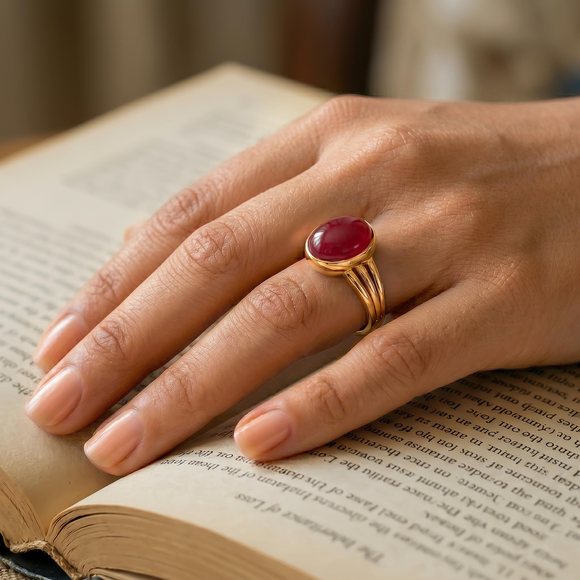 Ruby (Manik) Ring for Women in 22K Yellow Gold – Oval Cabochon 11x8 mm, Bezel Setting, 4 g (Design K14-10) thumbnail