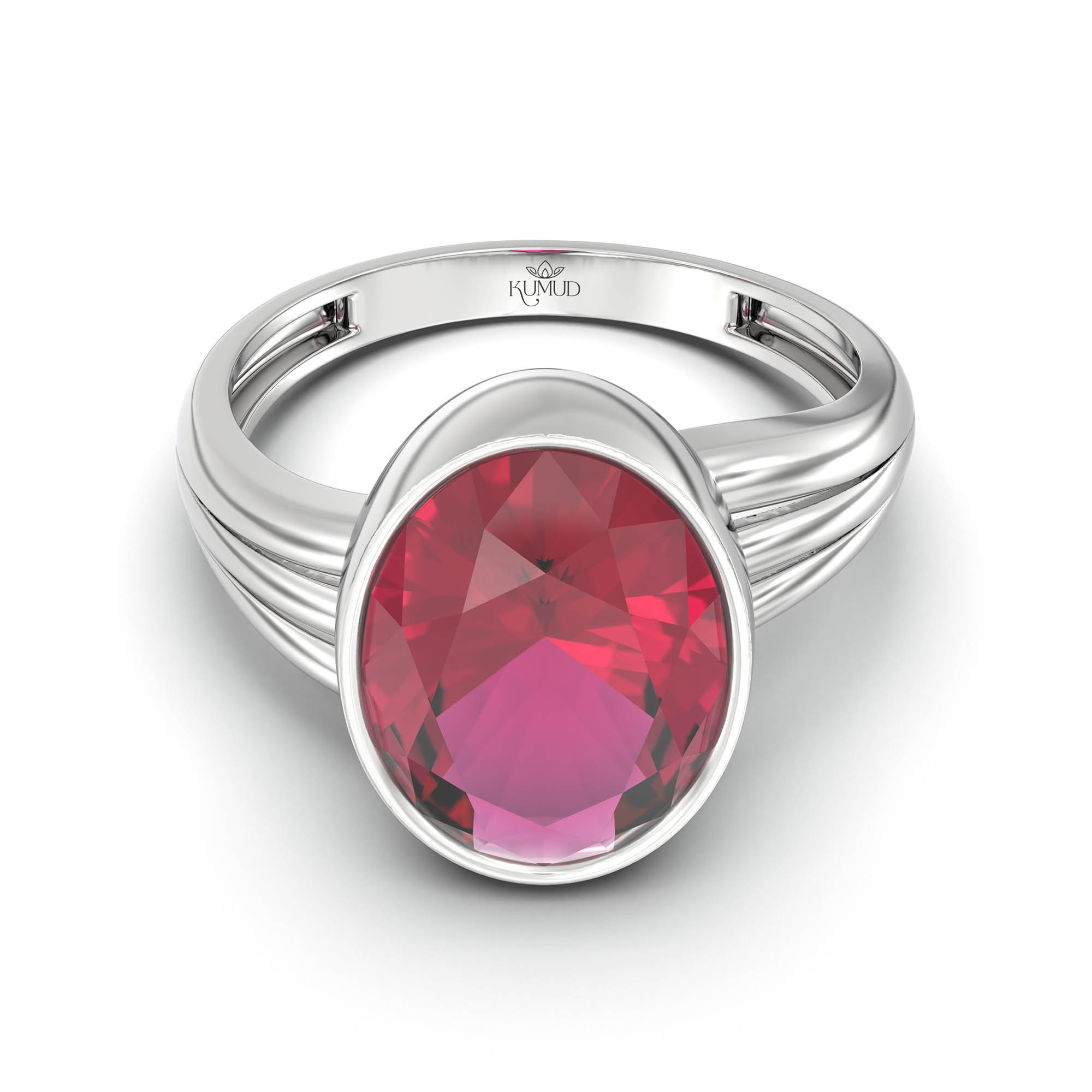 Ruby (Manik) Ring for Women in 18K White Gold – Oval 11x8 mm, Bezel Setting, 4 g (Design K14-10) thumbnail