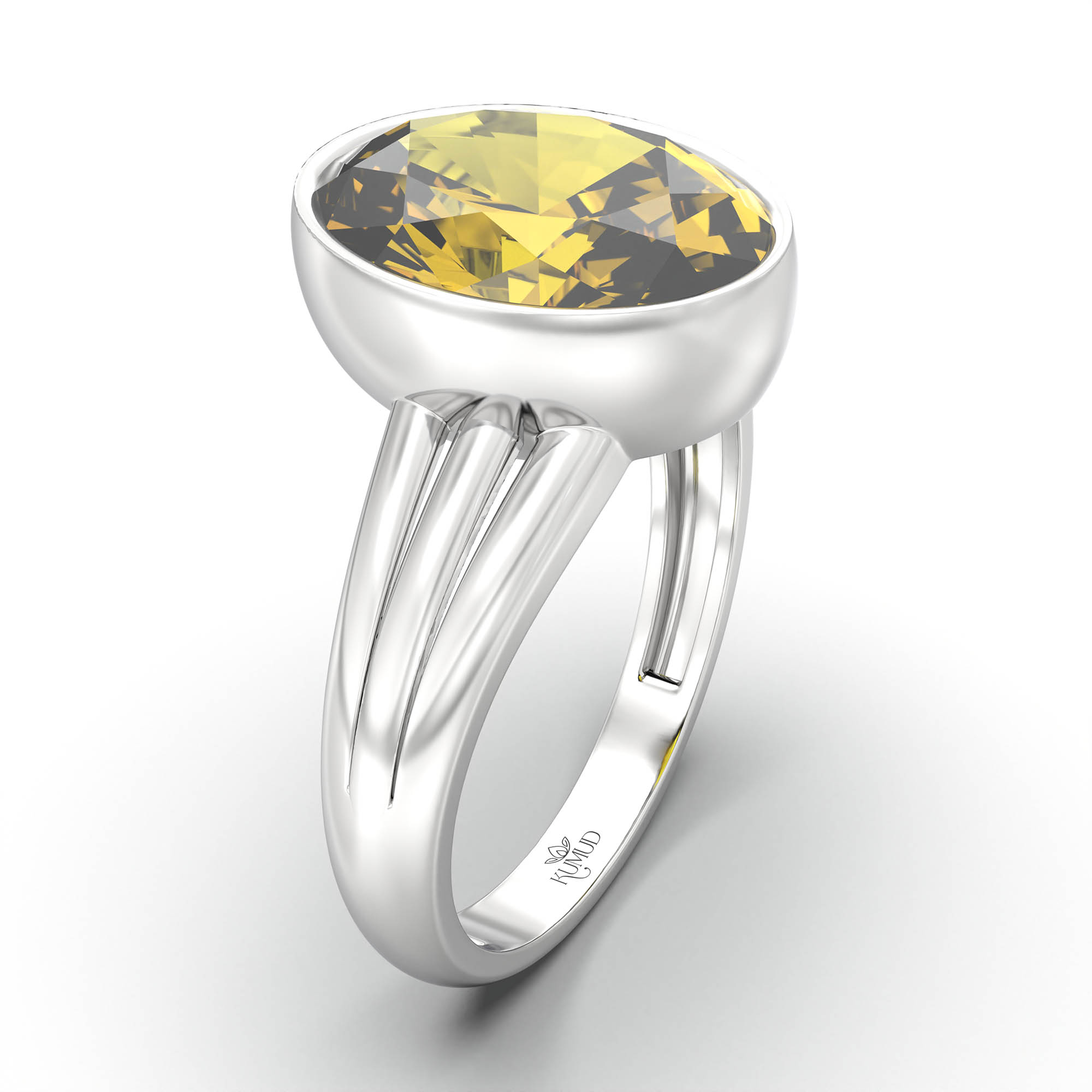 Yellow Sapphire (Pukhraj) Ring for Women in 18K White Gold – Oval 11x8 mm, Bezel Setting, 4 g (Design K14-10) thumbnail
