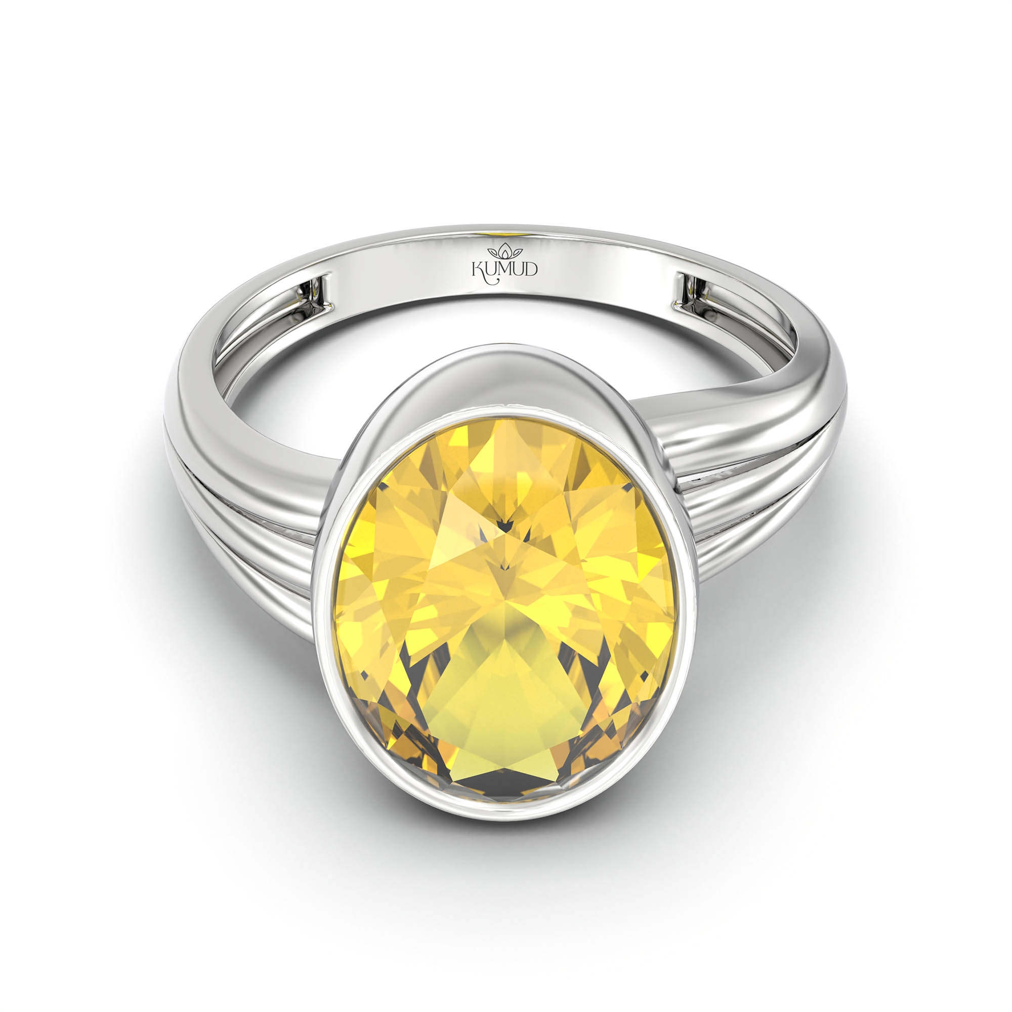 Yellow Sapphire (Pukhraj) Ring for Women in 18K White Gold – Oval 11x8 mm, Bezel Setting, 4 g (Design K14-10) thumbnail