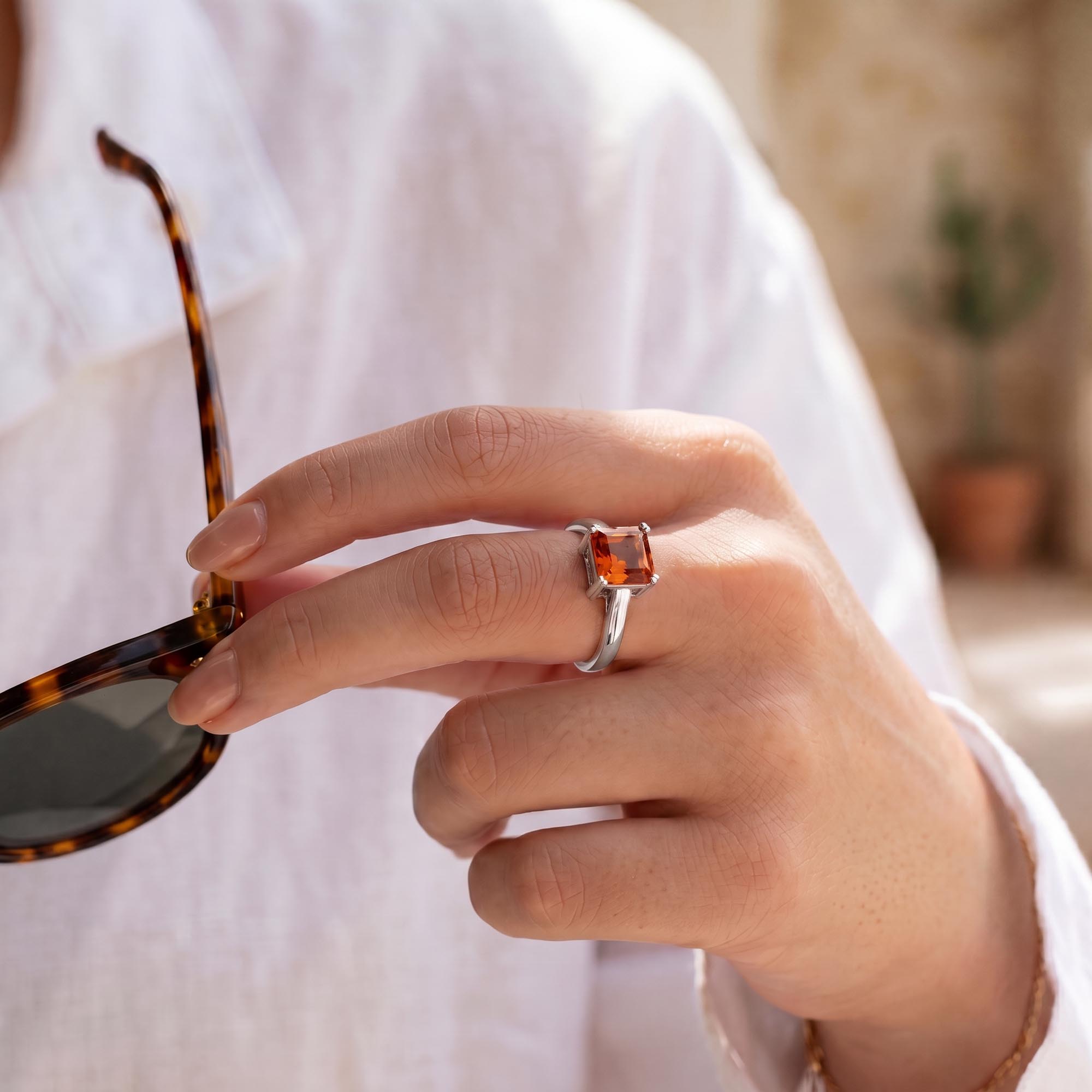 Hessonite (Gomed) Ring in 925 Sterling Silver – Cushion 8 mm, Prong Setting, 4 g (Design K15-1) thumbnail