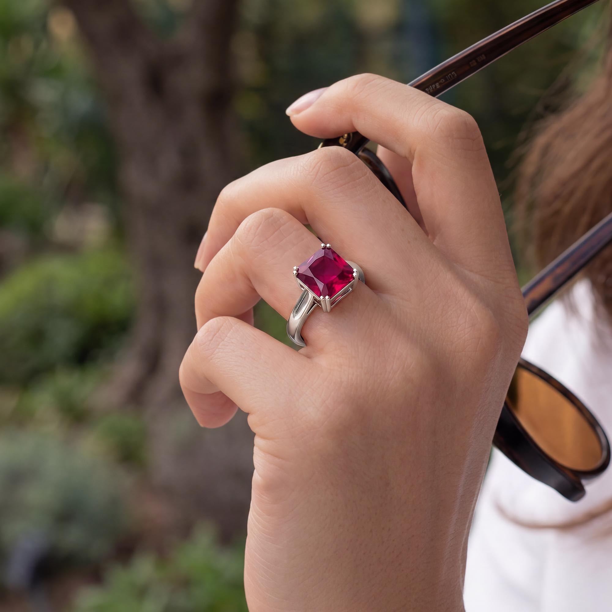 Ruby (Manik) Ring in 18K White Gold – Cushion 8 mm, Prong Setting, 4 g (Design K15-1) thumbnail