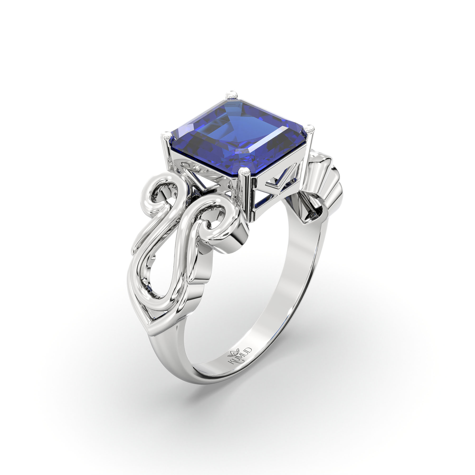 Blue Sapphire (Neelam) Ring in 18K White Gold – Cushion 8 mm, Prong Setting, 5 g (Design K15-4) thumbnail