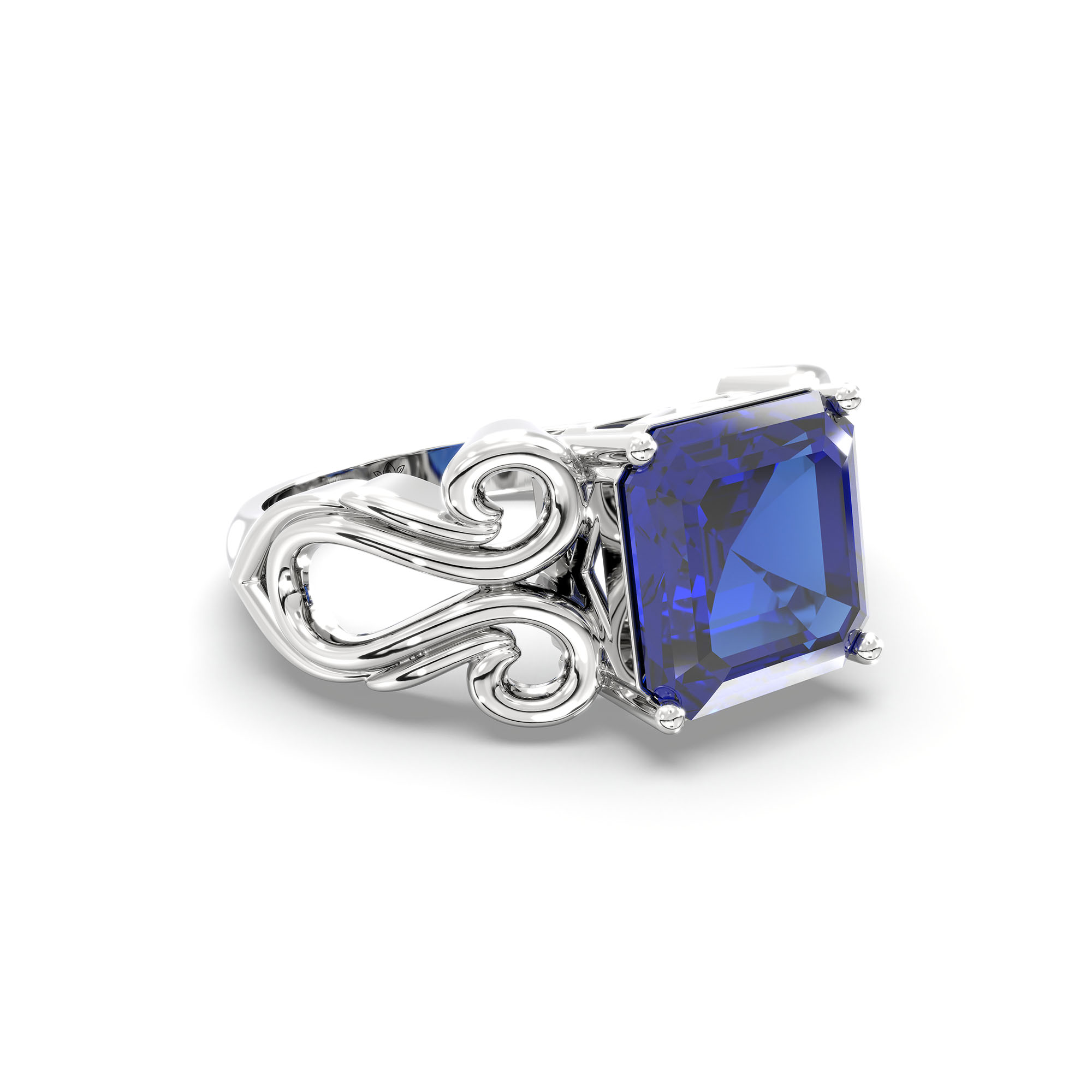Blue Sapphire (Neelam) Ring in 18K White Gold – Cushion 8 mm, Prong Setting, 5 g (Design K15-4) thumbnail
