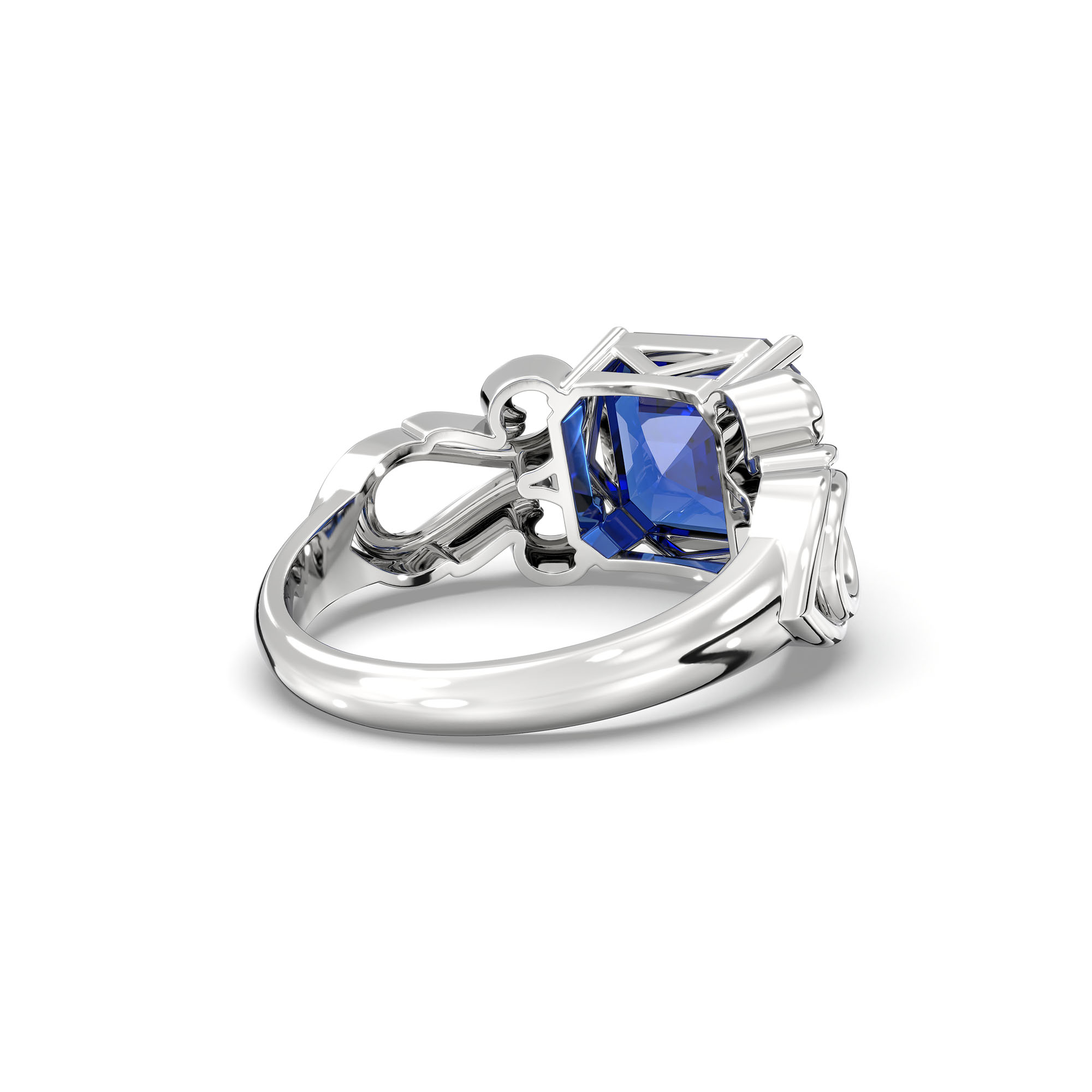 Blue Sapphire (Neelam) Ring in 18K White Gold – Cushion 8 mm, Prong Setting, 5 g (Design K15-4) thumbnail
