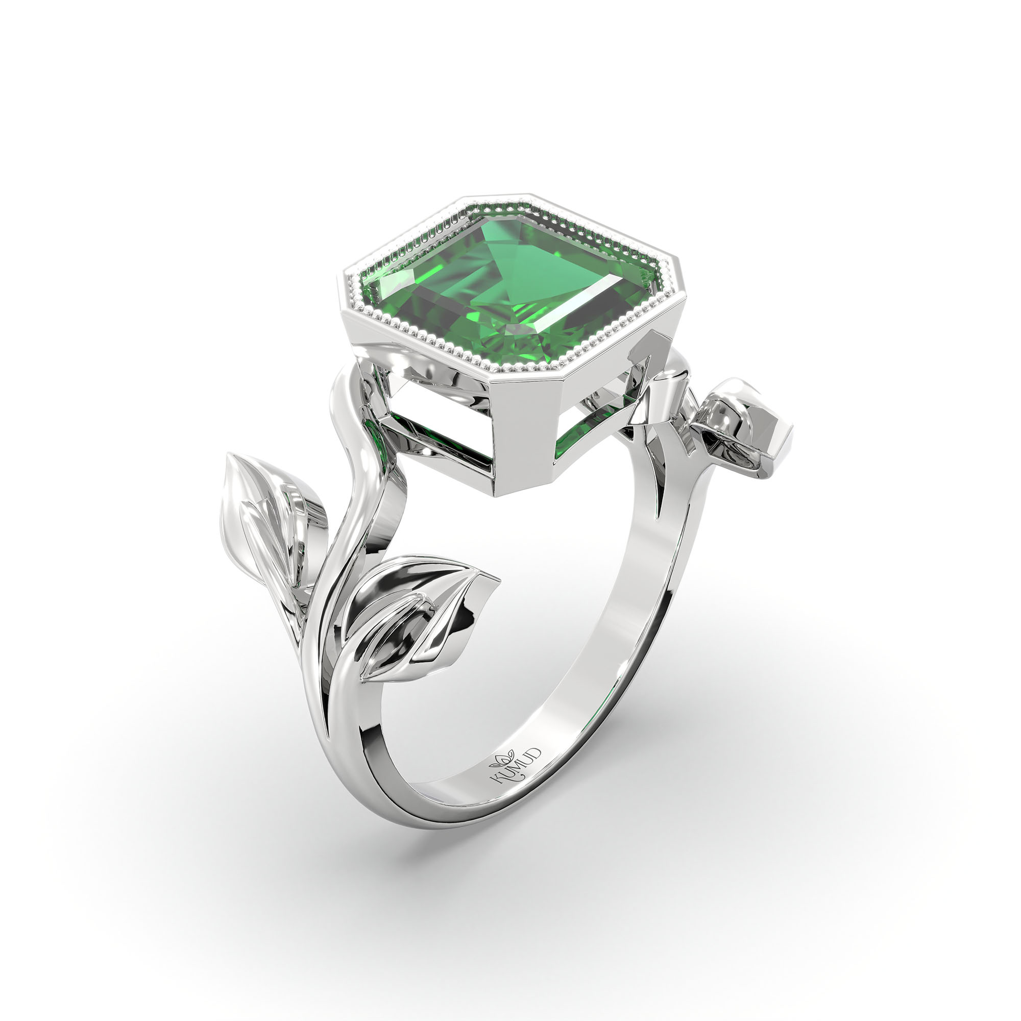Emerald (Panna) Ring for Women in 18K White Gold – Cushion 8 mm, Bezel Setting, 6 g (Design K15-5) thumbnail