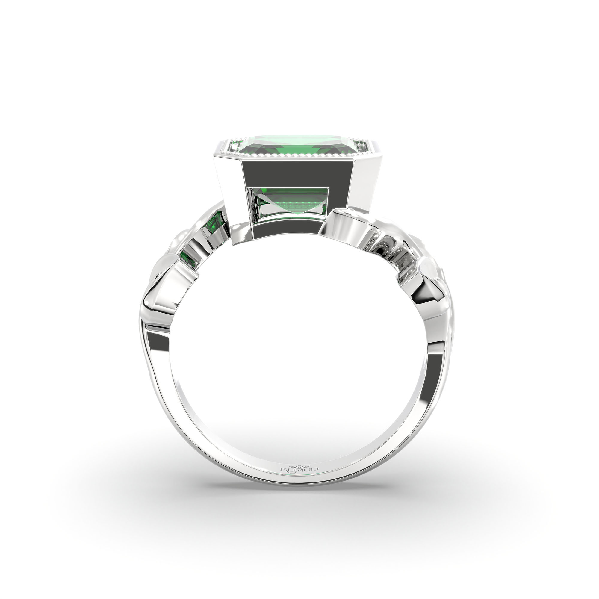 Emerald (Panna) Ring for Women in 18K White Gold – Cushion 8 mm, Bezel Setting, 6 g (Design K15-5) thumbnail