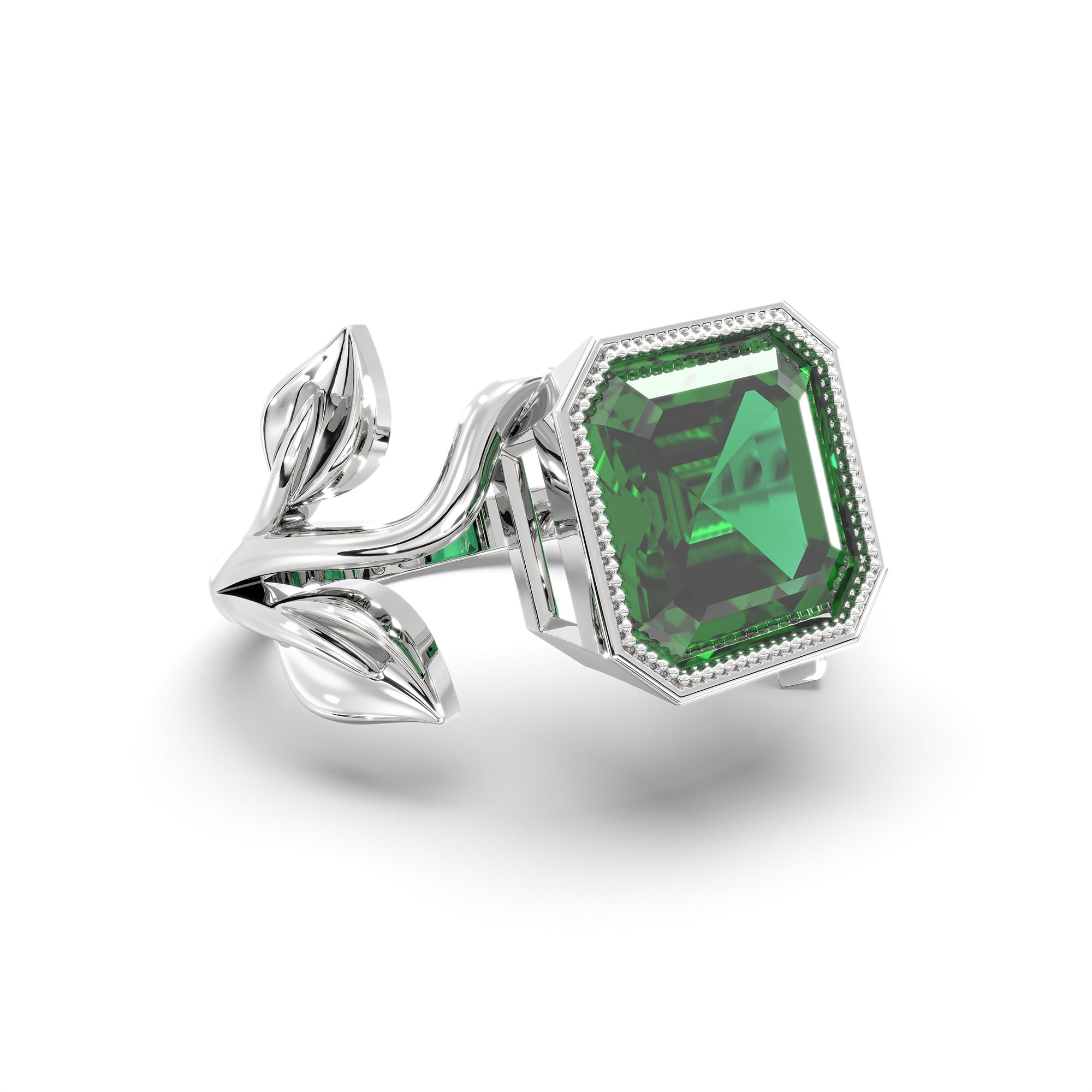 Emerald (Panna) Ring for Women in 18K White Gold – Cushion 8 mm, Bezel Setting, 6 g (Design K15-5) thumbnail
