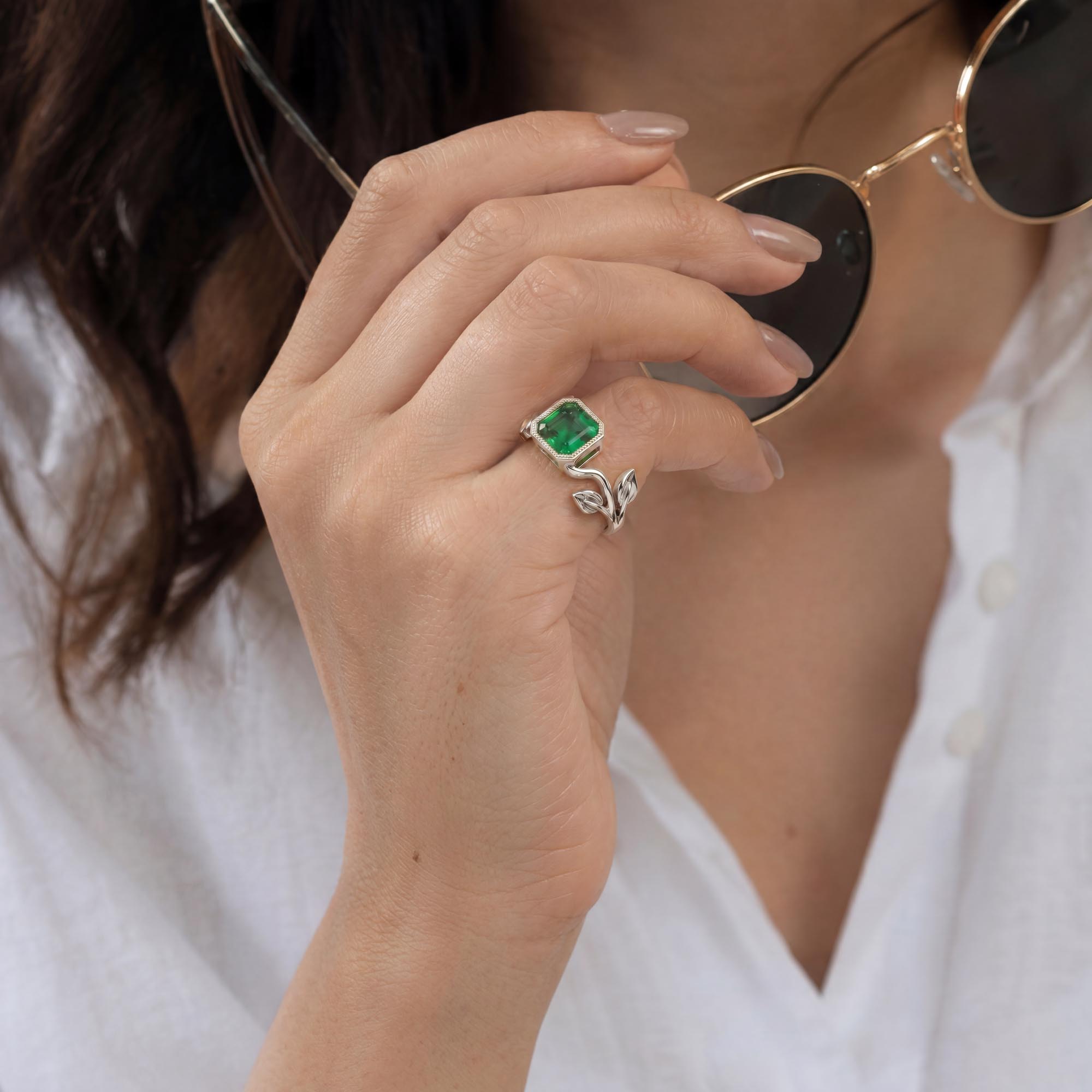 Emerald (Panna) Ring for Women in 18K White Gold – Cushion 8 mm, Bezel Setting, 6 g (Design K15-5) thumbnail