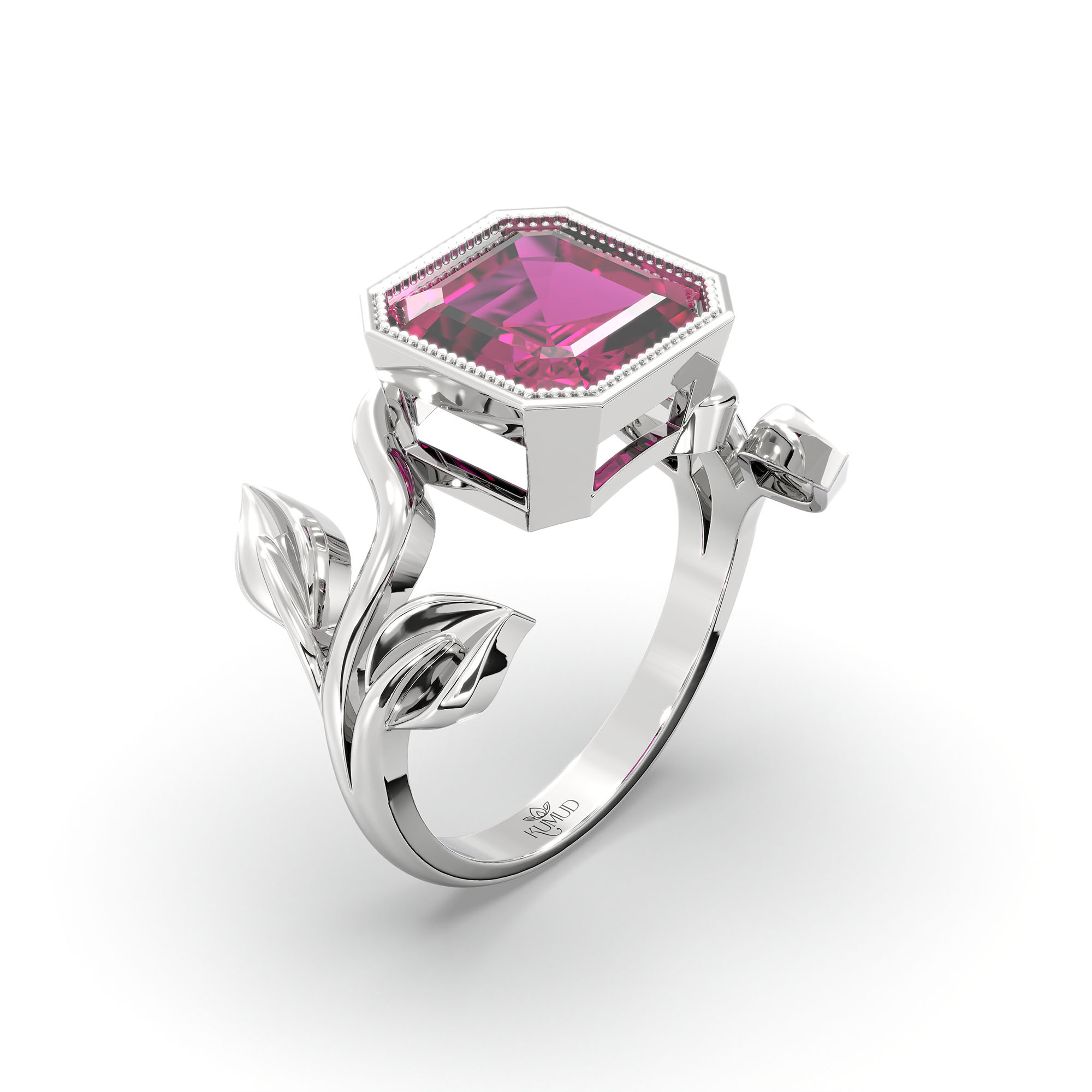 Ruby (Manik) Ring for Women in 18K White Gold – Cushion 8 mm, Bezel Setting, 6 g (Design K15-5) thumbnail