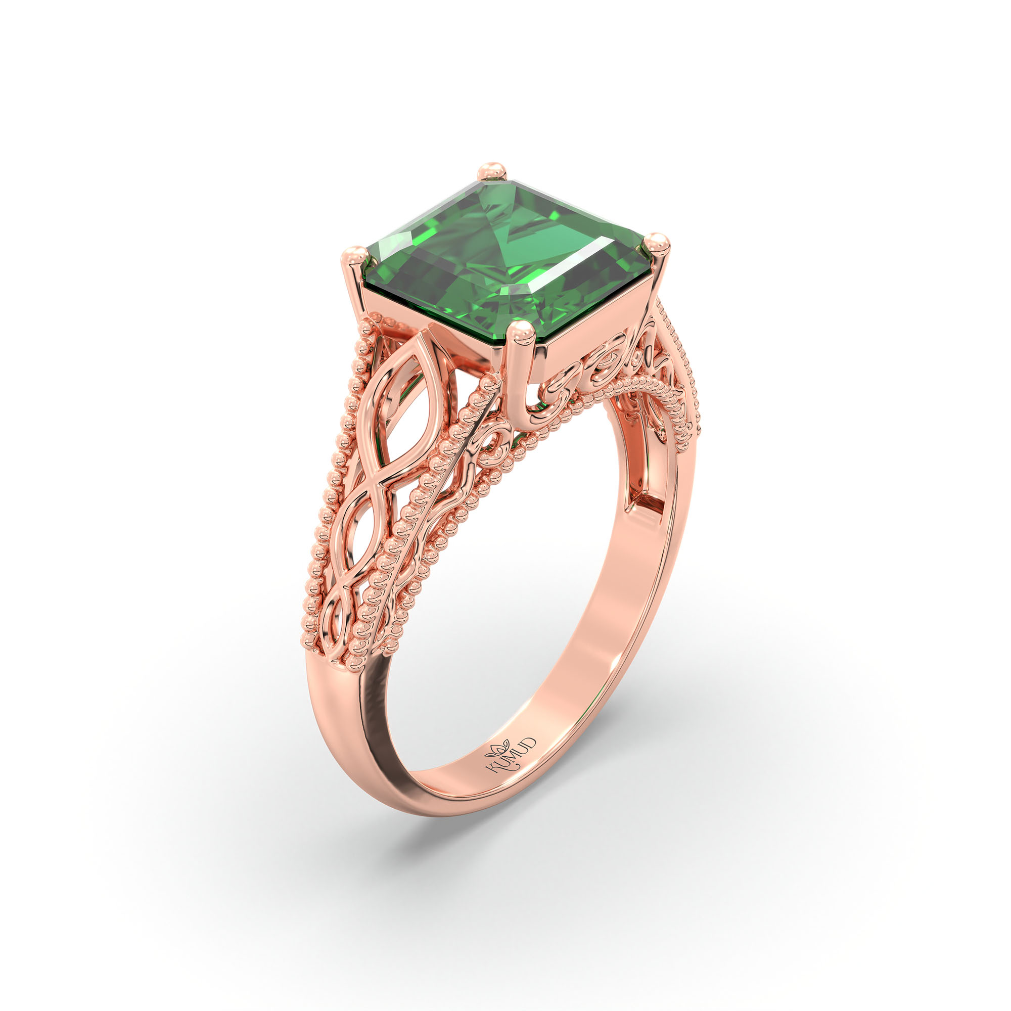 Emerald (Panna) Ring in 18K Rose Gold – Cushion 8 mm, Prong Setting, 4 g (Design K15-6) thumbnail