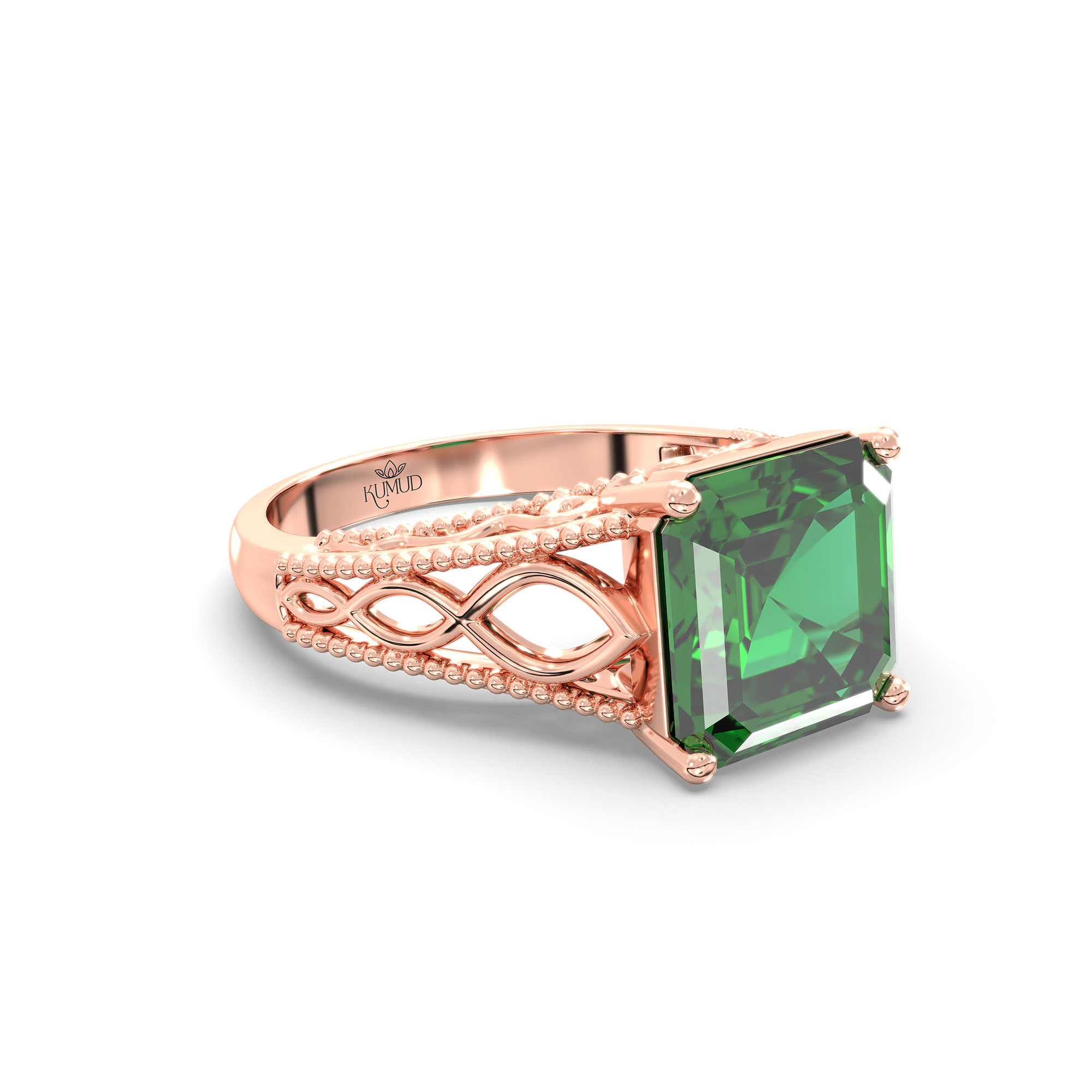 Emerald (Panna) Ring in 18K Rose Gold – Cushion 8 mm, Prong Setting, 4 g (Design K15-6) thumbnail