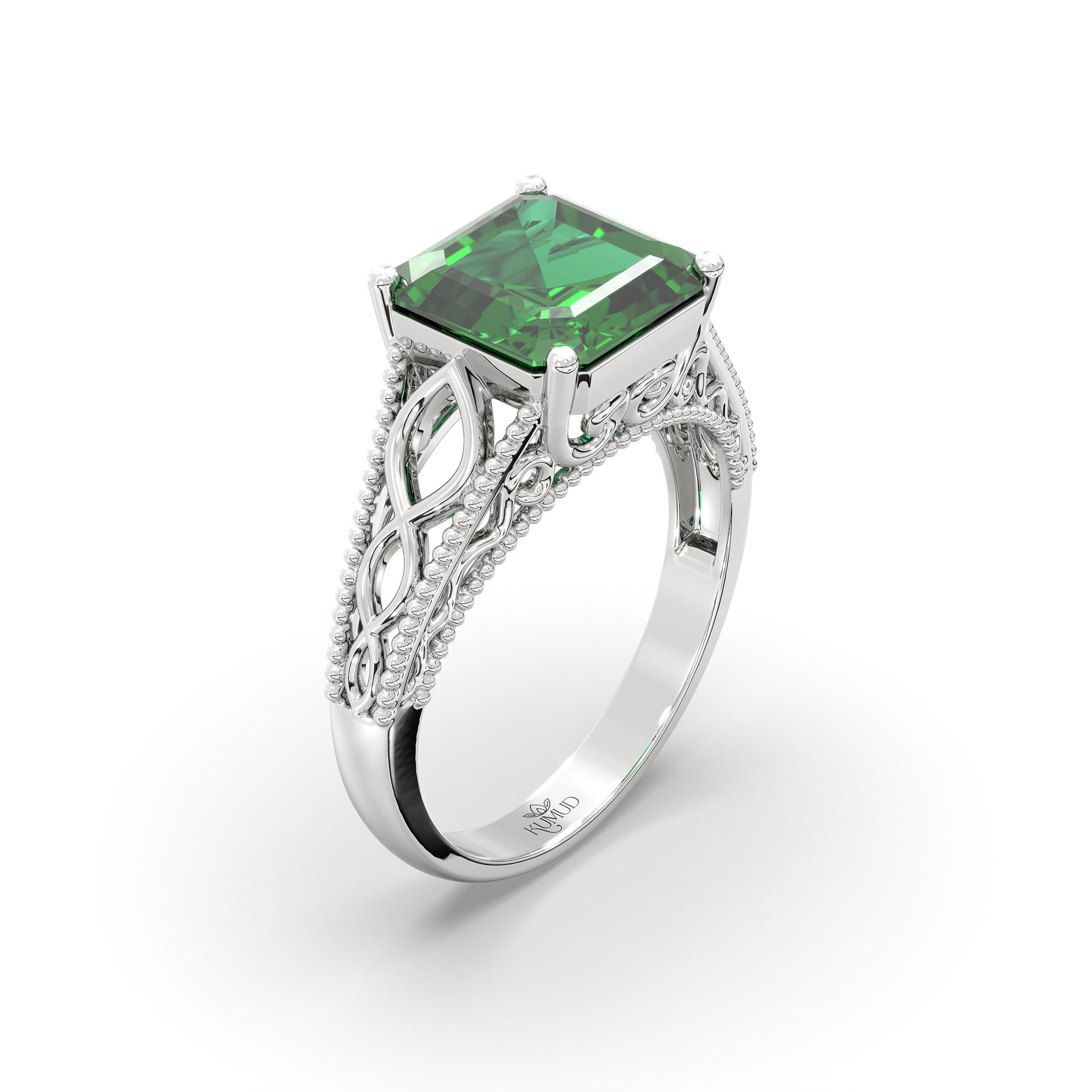 Emerald (Panna) Ring in 18K White Gold – Cushion 8 mm, Prong Setting, 4 g (Design K15-6) thumbnail