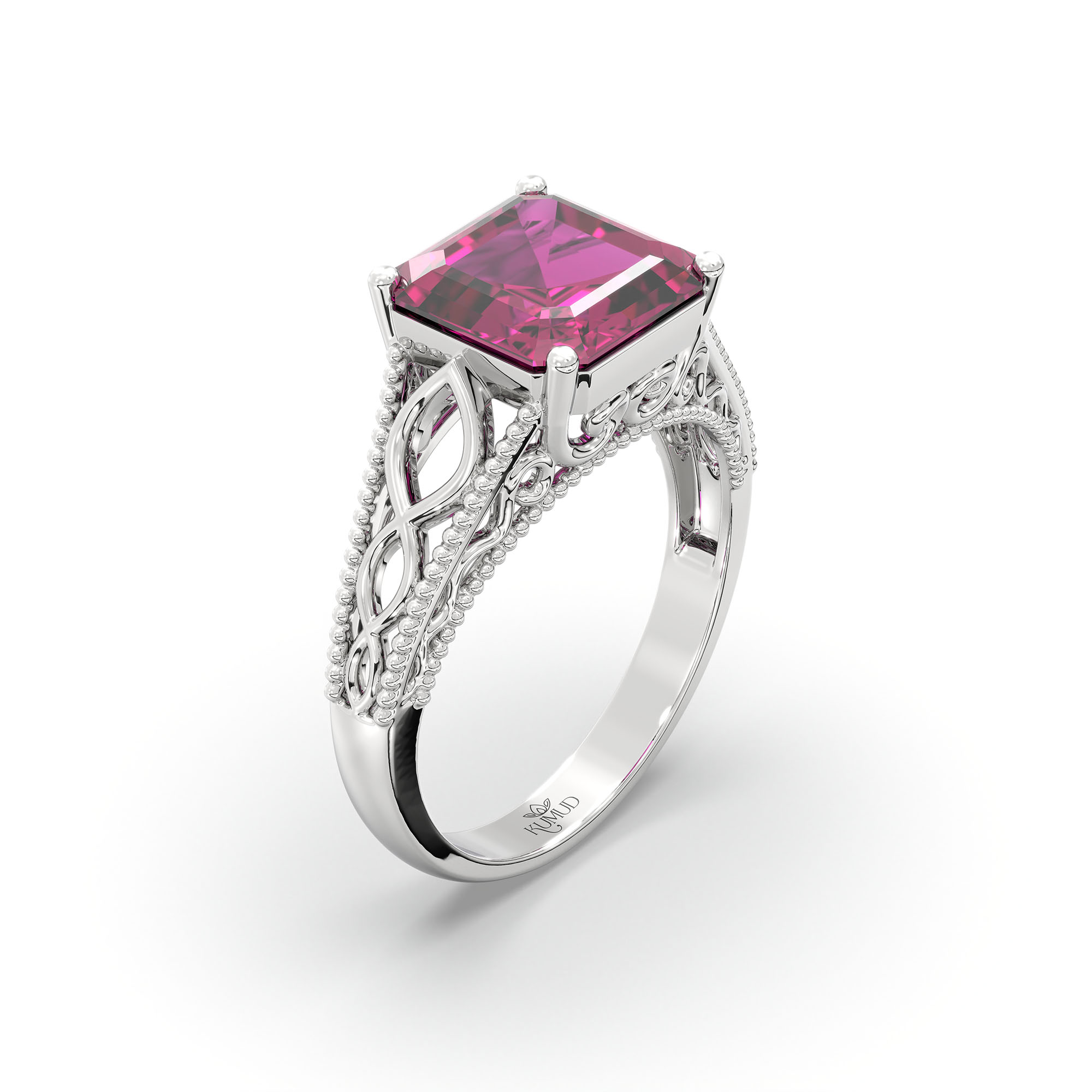 Ruby (Manik) Ring in 18K White Gold – Cushion 8 mm, Prong Setting, 4 g (Design K15-6) thumbnail