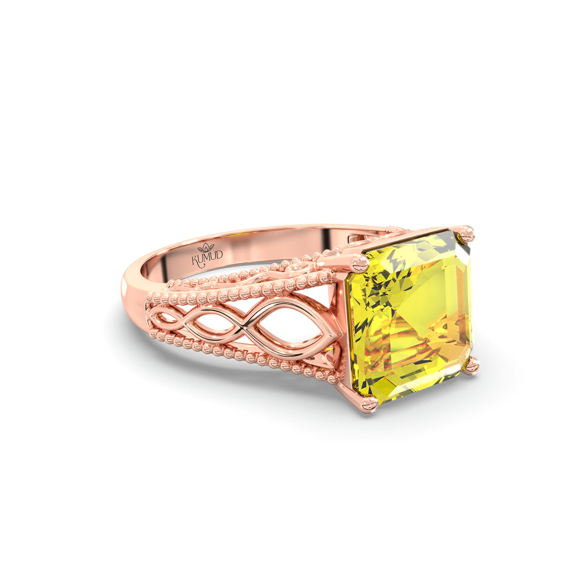 Yellow Sapphire (Pukhraj) Ring in 18K Rose Gold – Cushion 8 mm, Prong Setting, 4 g (Design K15-6) thumbnail