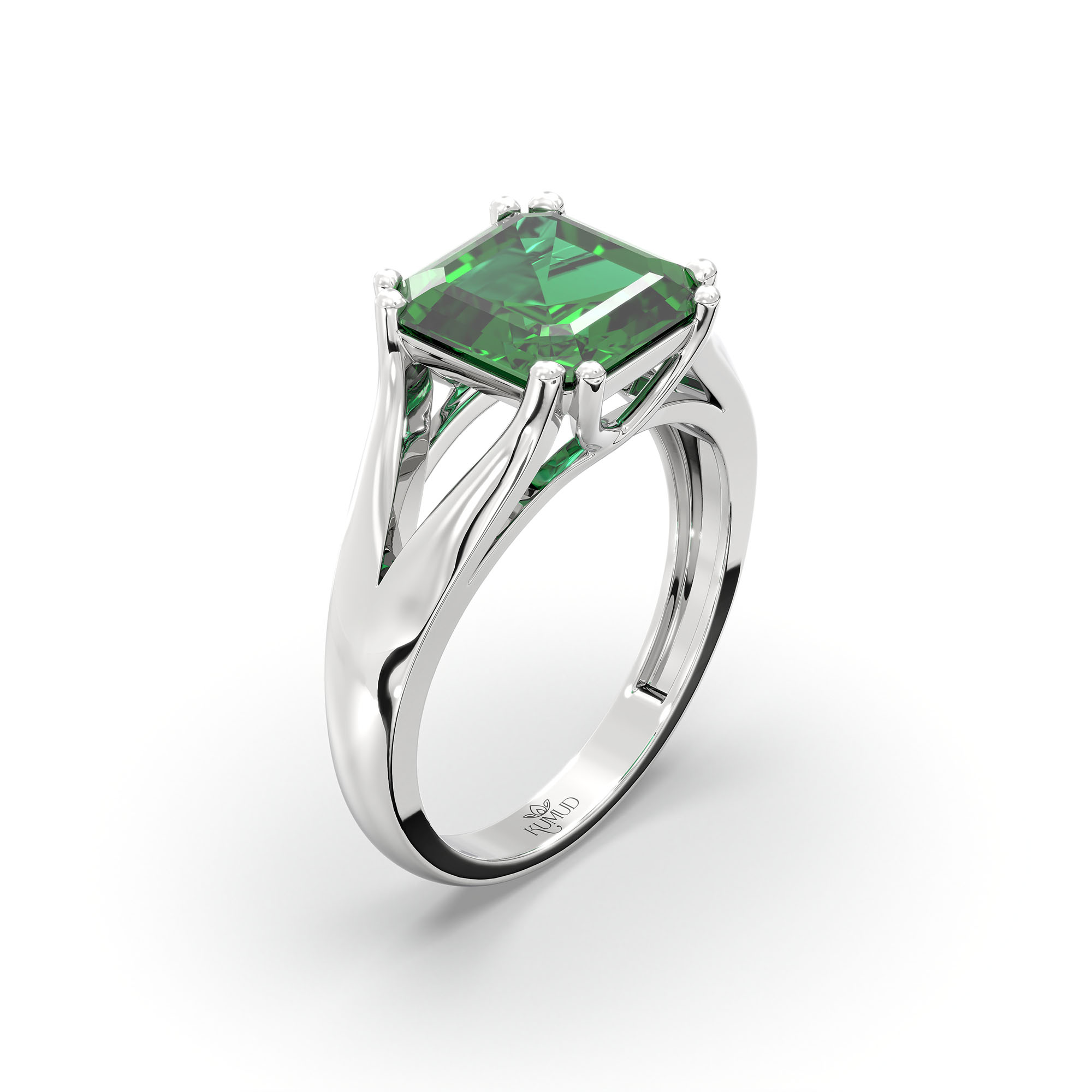 Emerald (Panna) Ring in 18K White Gold – Cushion 8 mm, Prong Setting, 5 g (Design K15-7) thumbnail