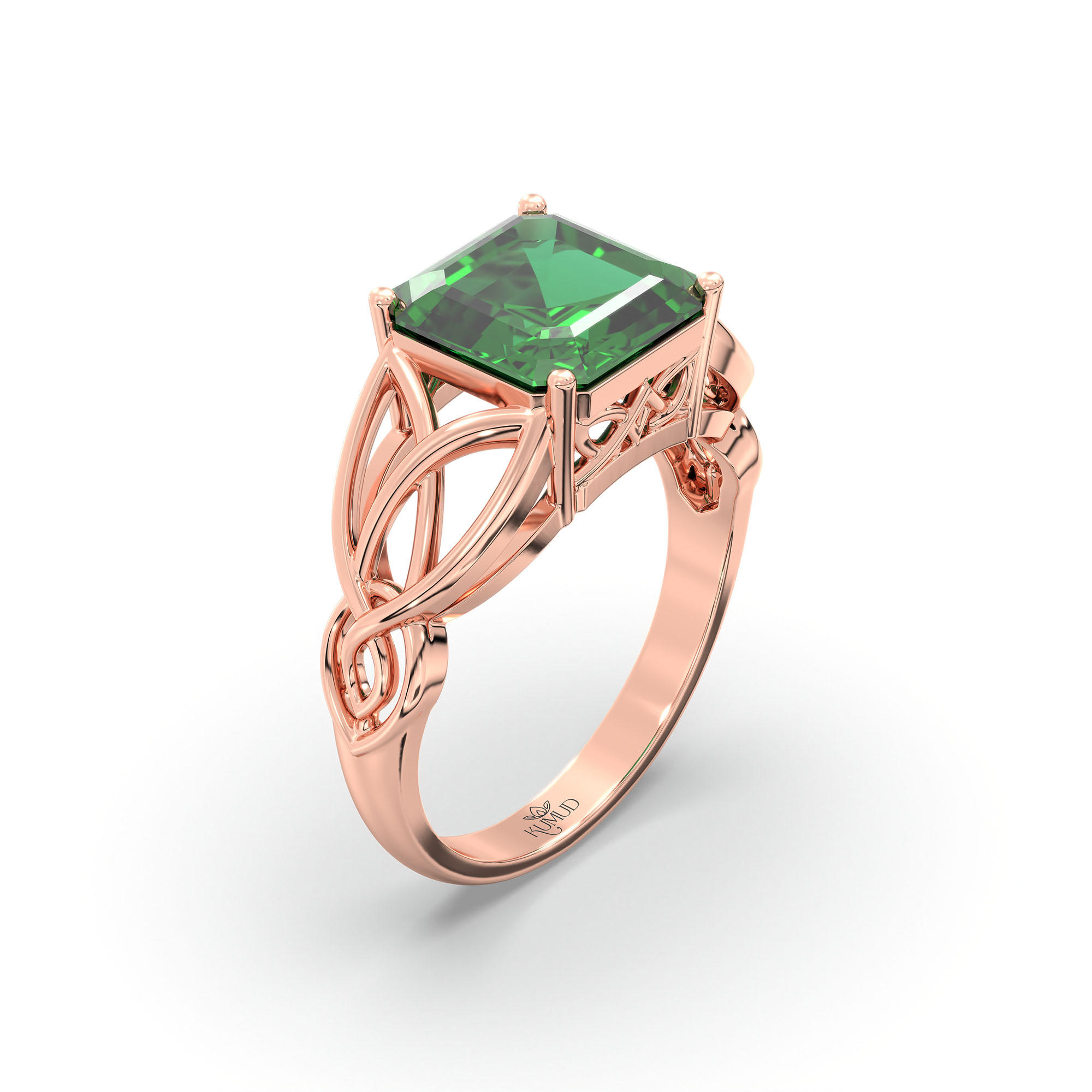 Emerald (Panna) Ring in 18K Rose Gold – Cushion 8 mm, Prong Setting, 4 g (Design K15-8) thumbnail