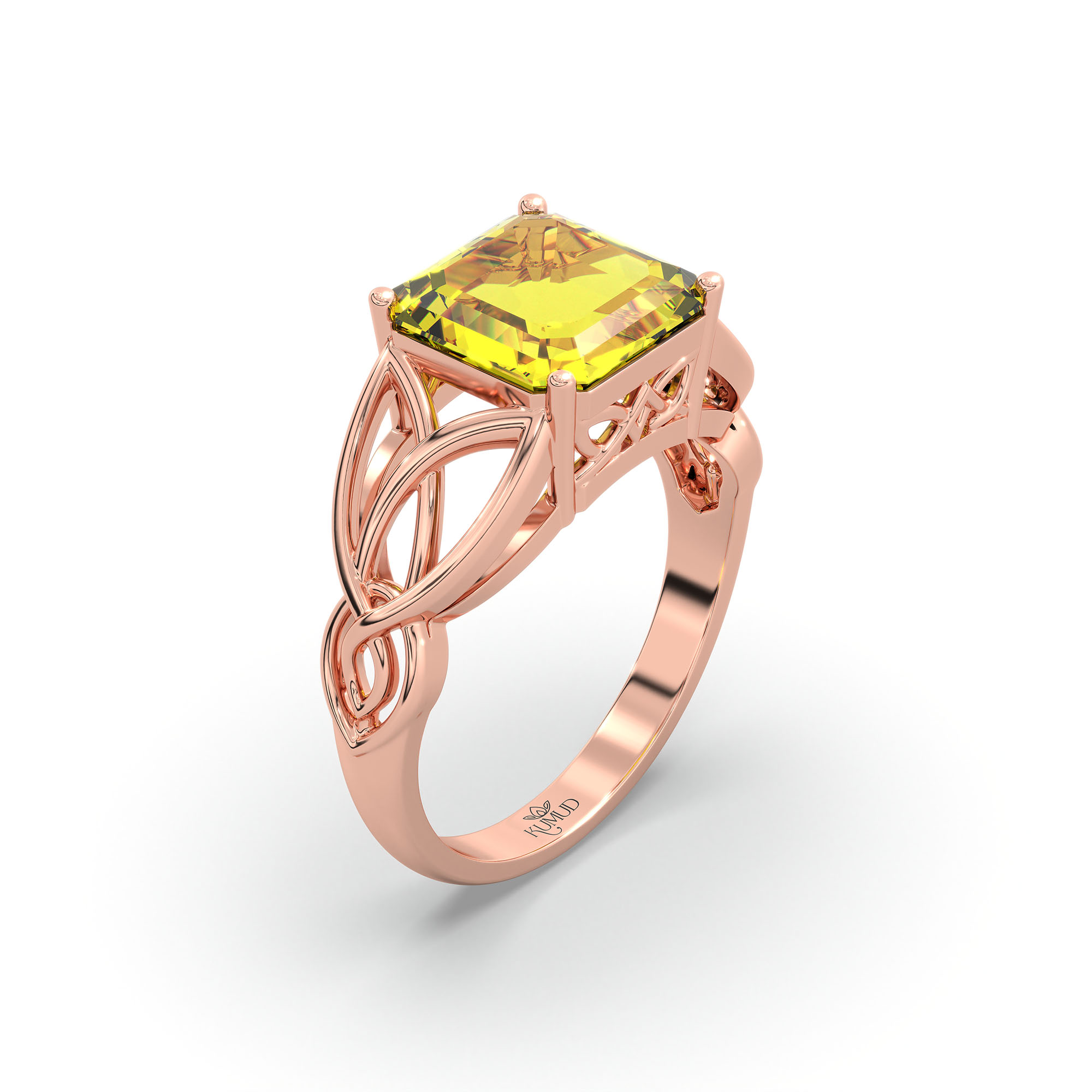 Yellow Sapphire (Pukhraj) Ring in 18K Rose Gold – Cushion 8 mm, Prong Setting, 4 g (Design K15-8) thumbnail