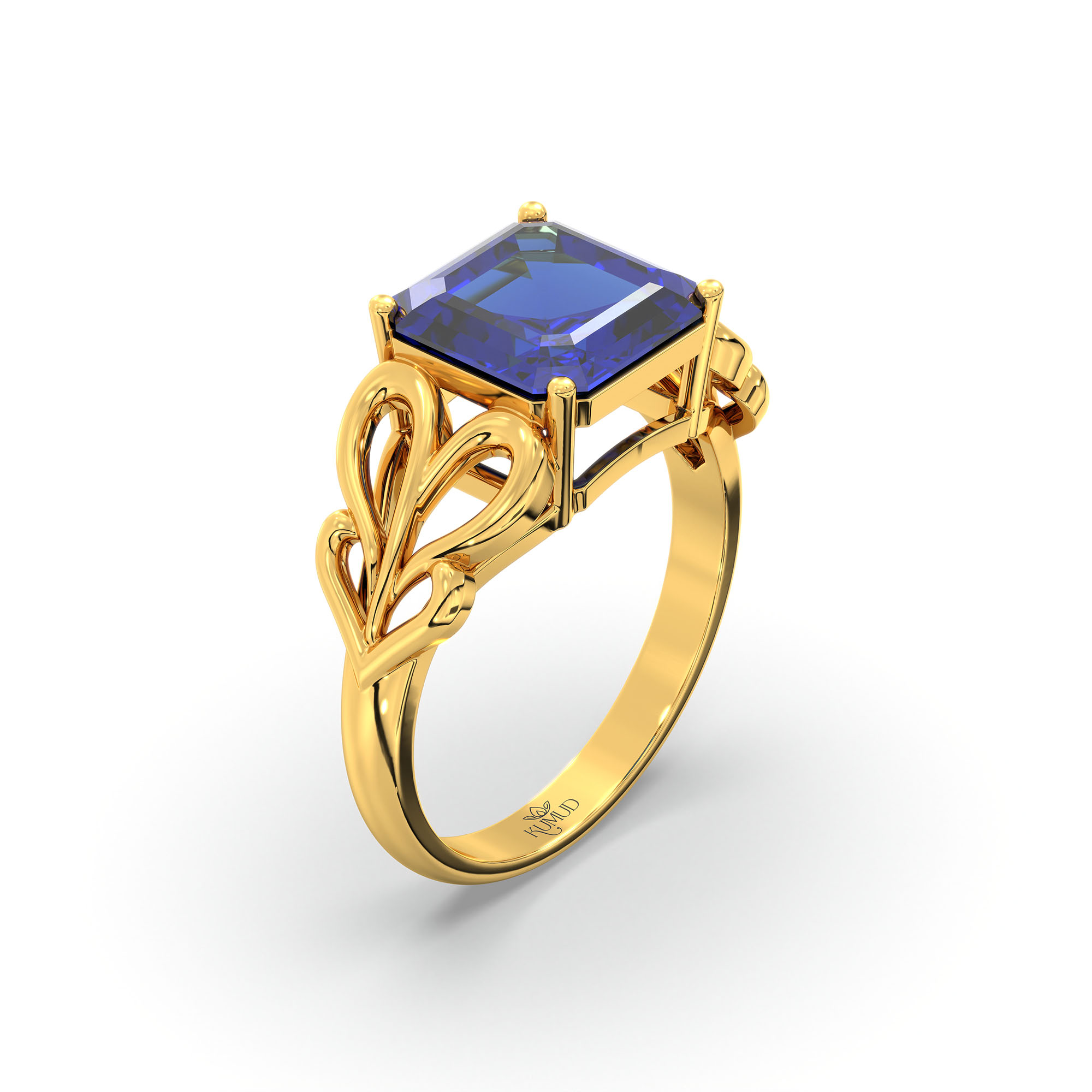 Blue Sapphire (Neelam) Ring in 22K Yellow Gold – Cushion 8 mm, Prong Setting, 4 g (Design K15-9) thumbnail