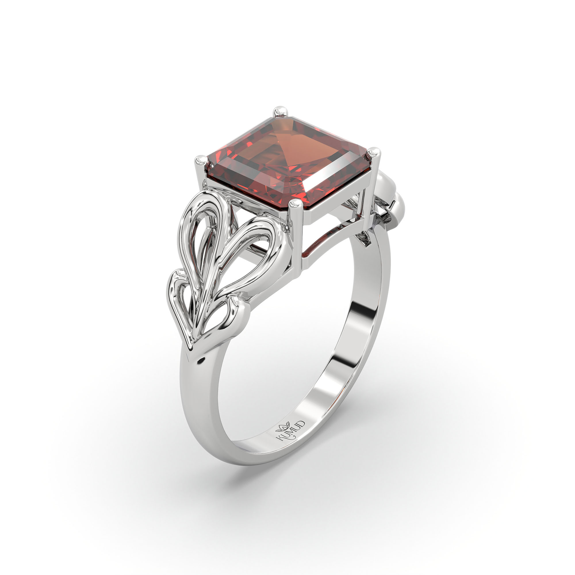 Hessonite (Gomed) Ring in 18K White Gold – Cushion 8 mm, Prong Setting, 4 g (Design K15-9) thumbnail